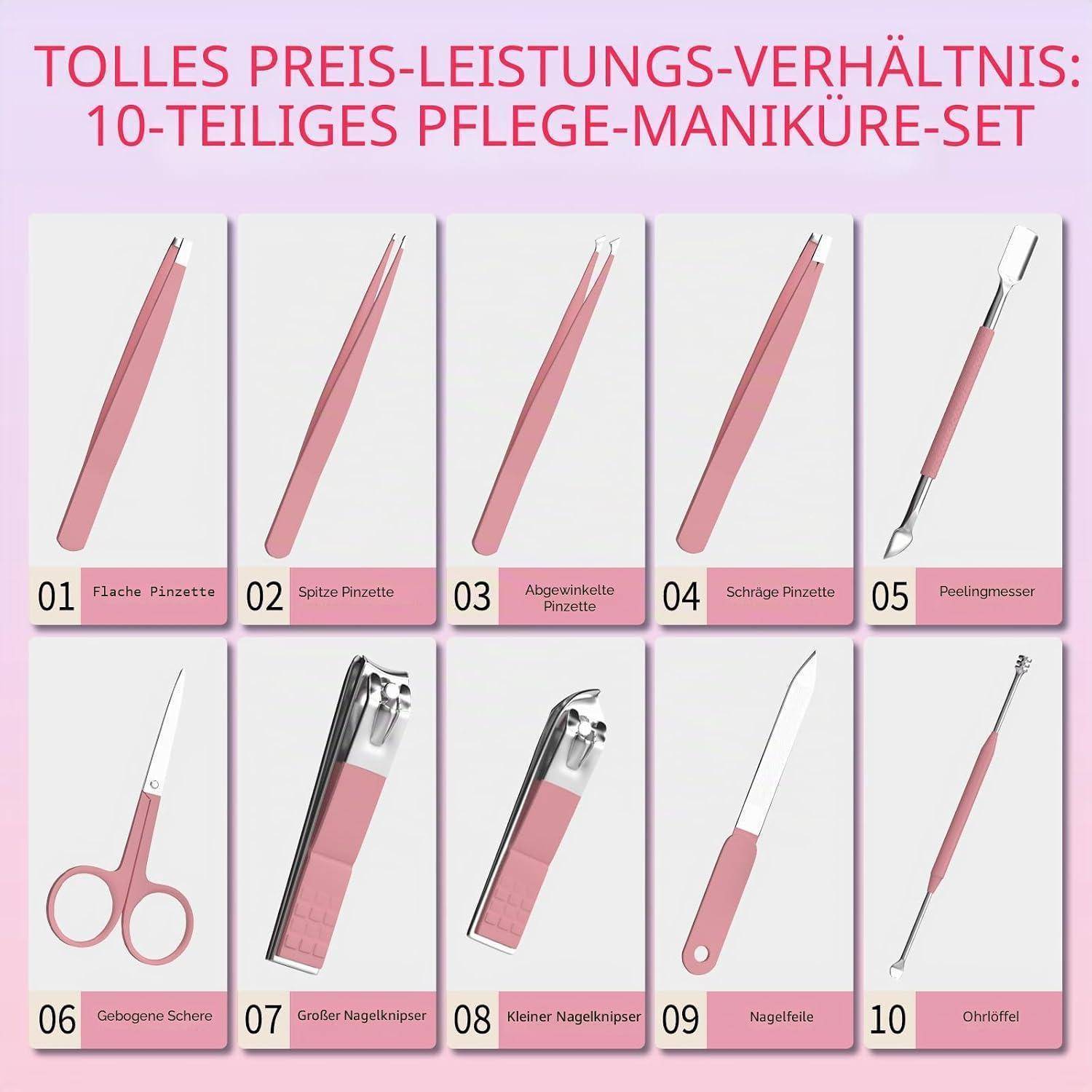 Maniküre-Set 10-in-1 Edelstahl mit Reiseetui Rosa