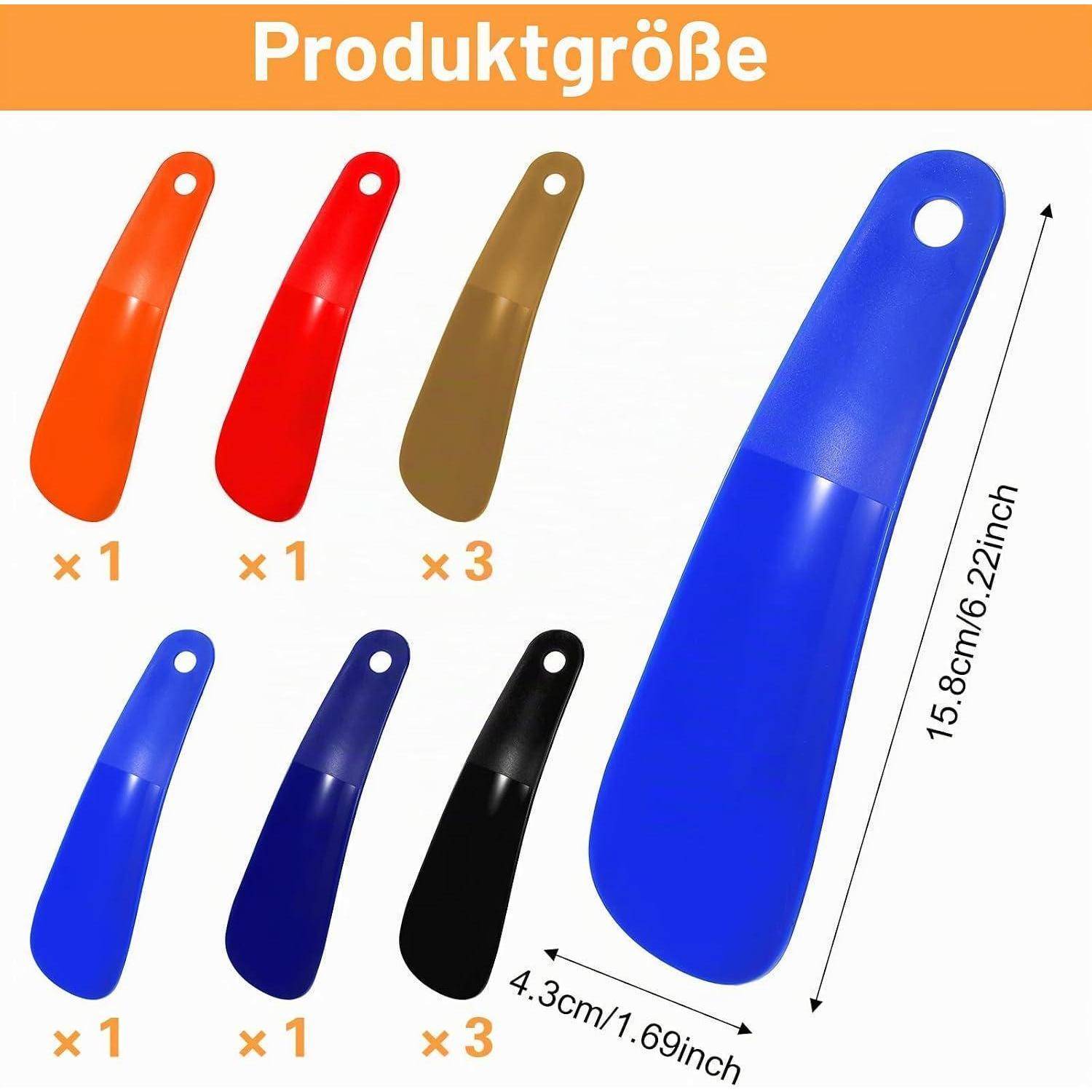 Produktgrößentabelle mit sechs Kunststoffschaufeln/Spachtel in mehreren Farben, wobei die große blaue gemessen 15,8 cm x 4,3 cm beträgt und Mengen mit x1 oder x3 gekennzeichnet sind.
