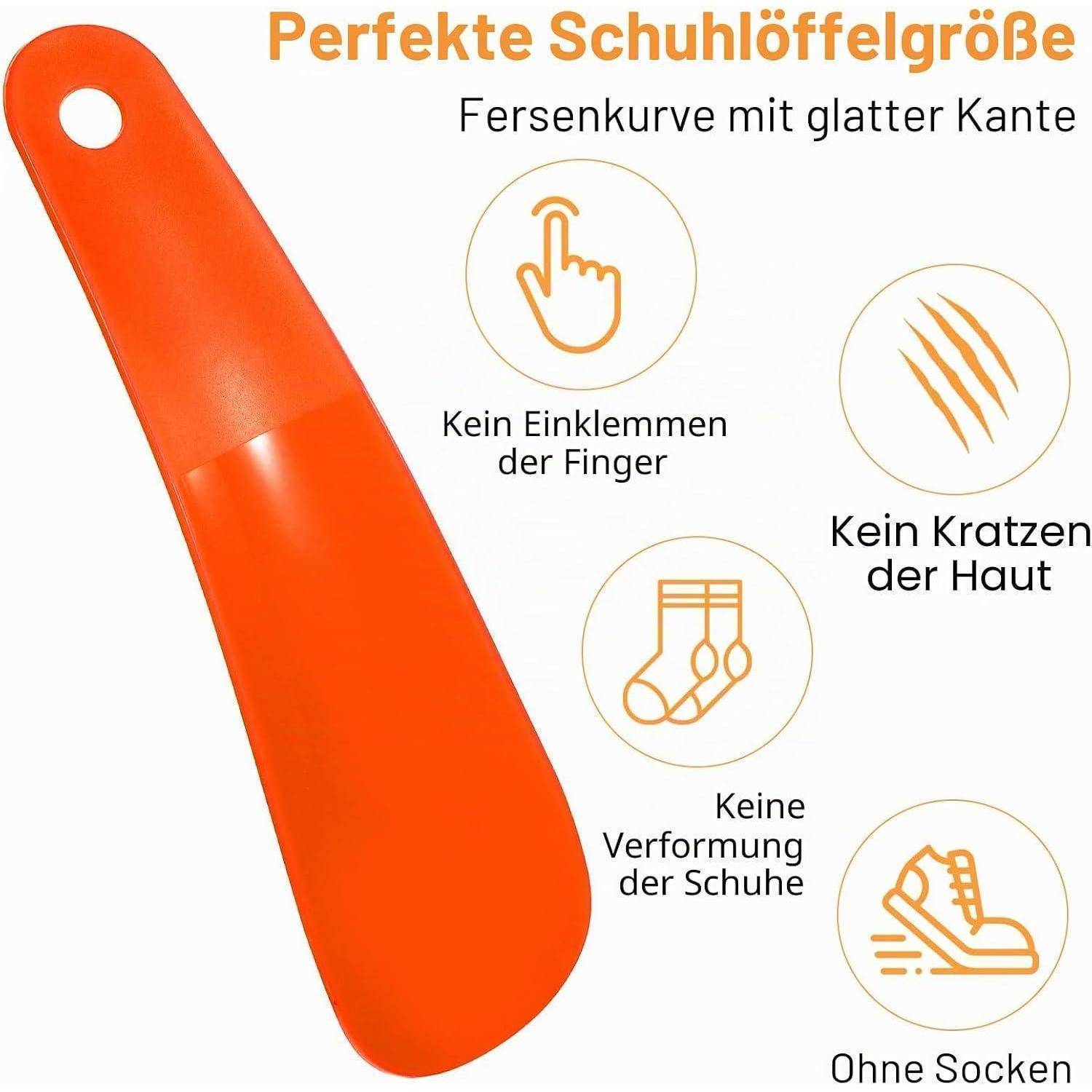 Orangefarbener Schuhlöffel mit Loch im Griff, beschriftet mit „Perfekte Schuhlöffelgröße