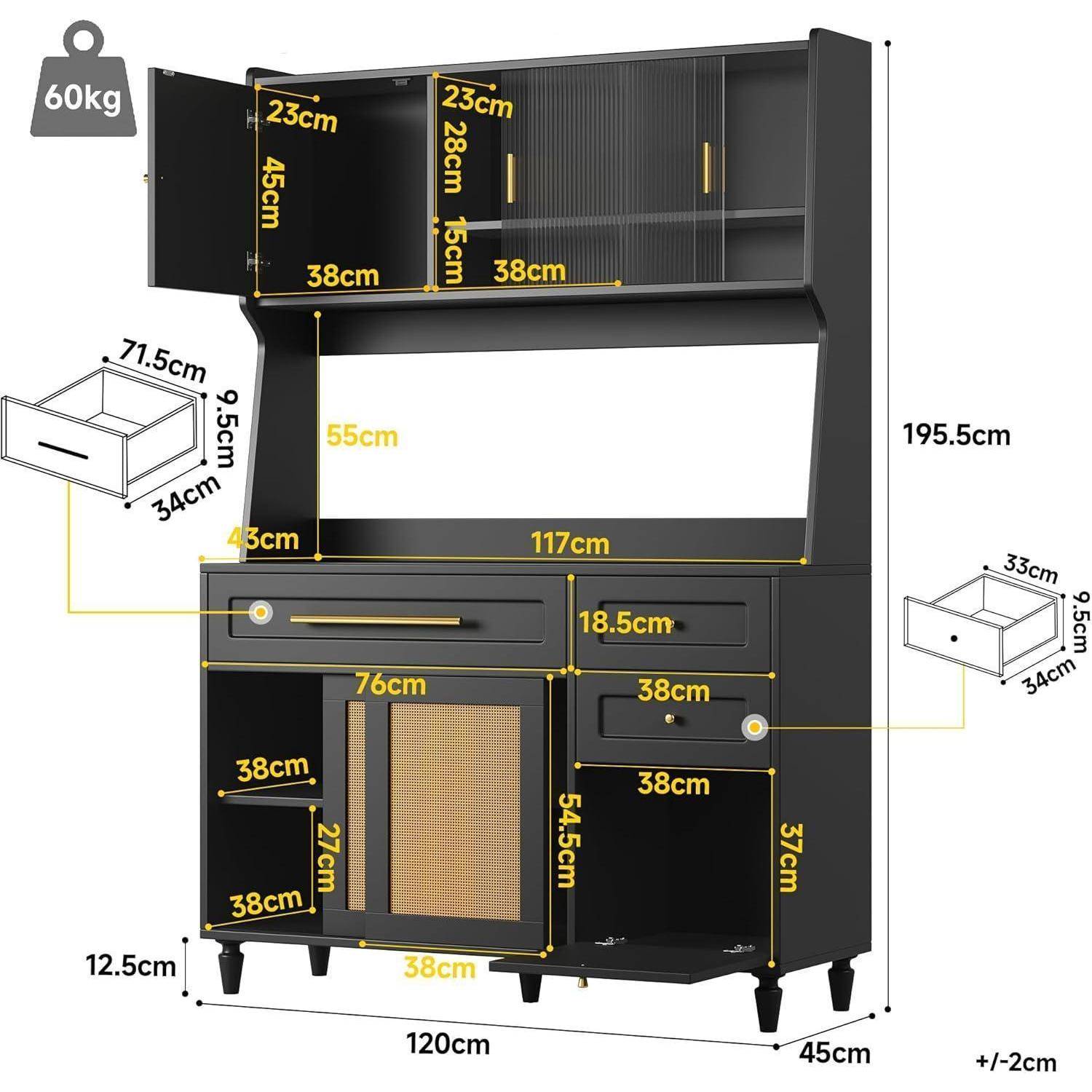 Schwarzer Schrank mit Regalen, Schubladen und Schrank; Möbelbemaßungszeichnung mit einer Höhe von 195,5cm, einer Breite von 120cm, einer Tiefe von 45cm und einer Tragfähigkeit von 60kg.