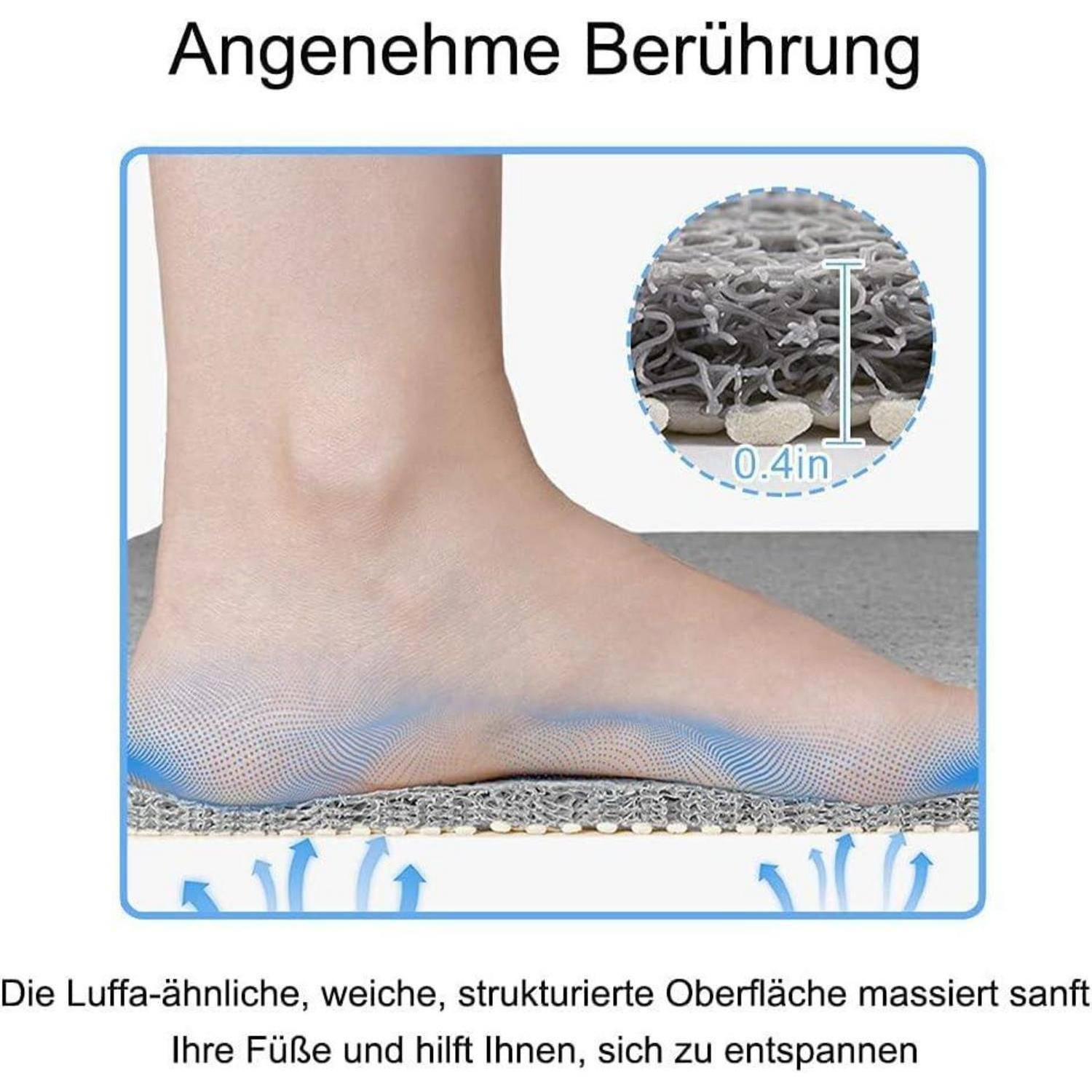 Diagramm einer weichen, schwammartigen Fußmatte mit sanfter Massage des Fußes; Ausschnitt zeigt 0,4 Zoll Florierhöhe. Der Text besagt „angenehme Berührung