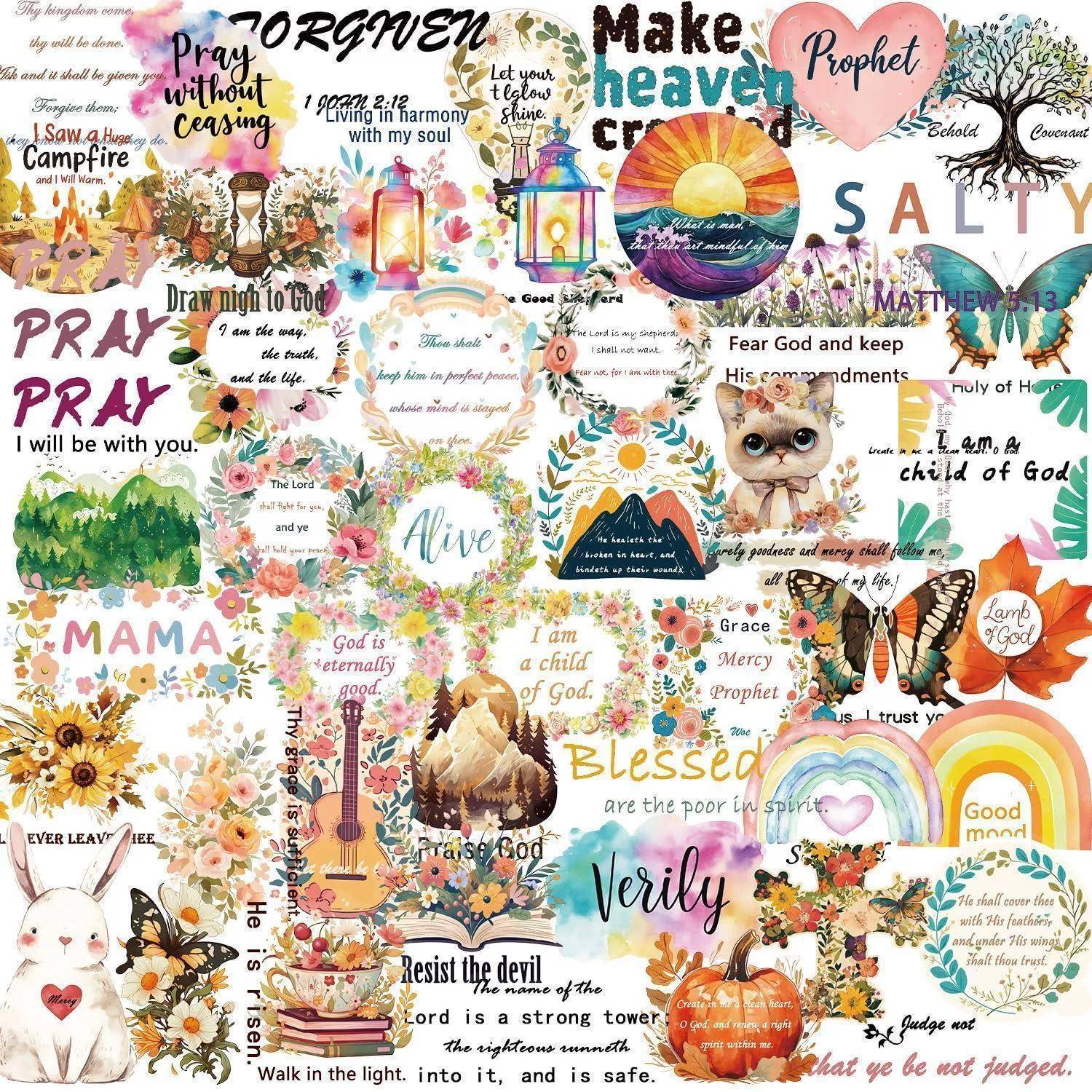 Christliche inspirierende Collage mit Bibelvers, Aquarell-Blumenmotiven, Regenbögen, Schmetterlingen, Kreuzen, Bergen und Sätzen wie 