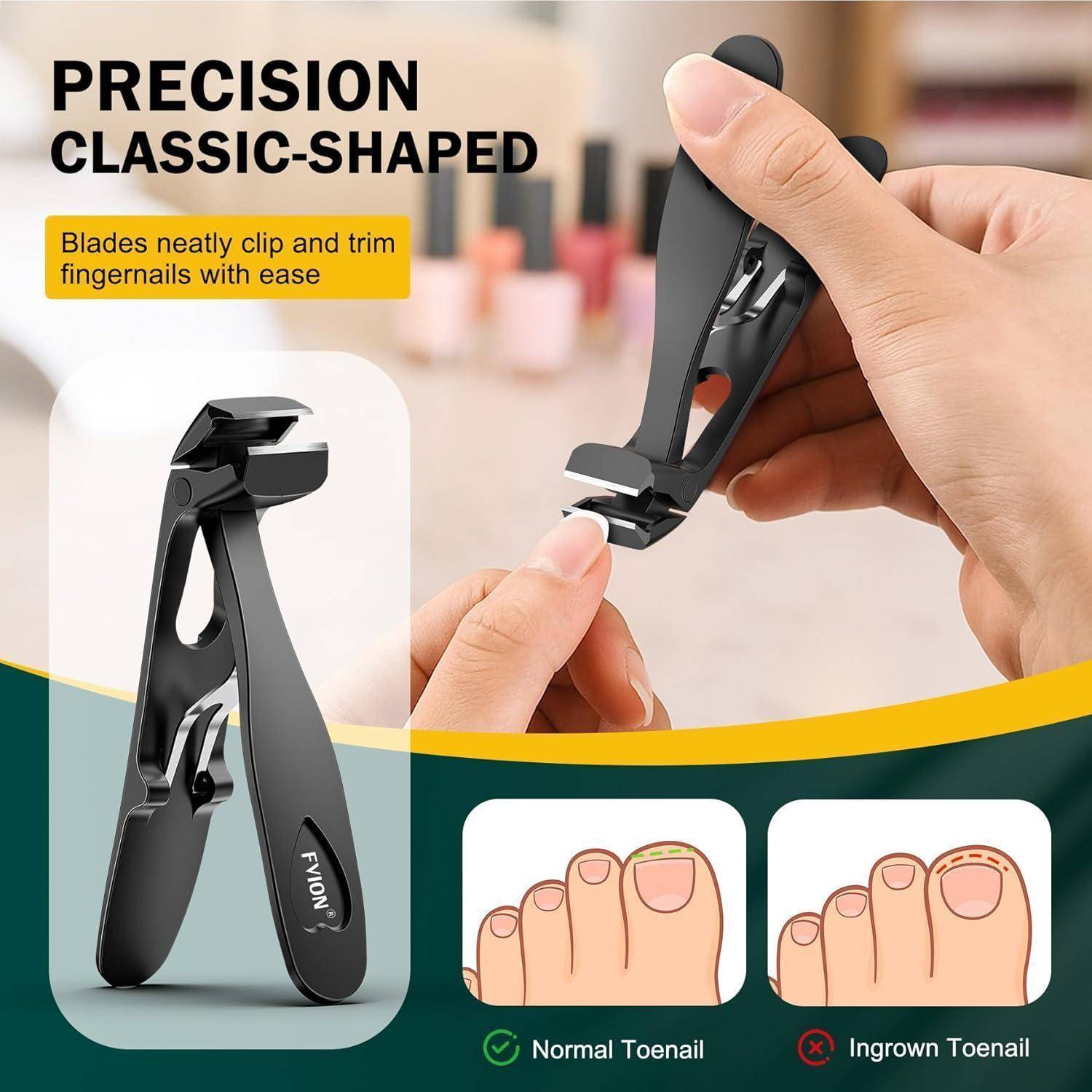 Werbebild einer klassisch geformten schwarzen Nagelschere, die einen Fingernagel trimmt, mit dem Text „Precision Classic-Shaped" und „Klingen schneiden und trimmen Fingernägel mühelos""; zeigt auch Beispiele für normale vs. eingewachsene Zehennägel.
