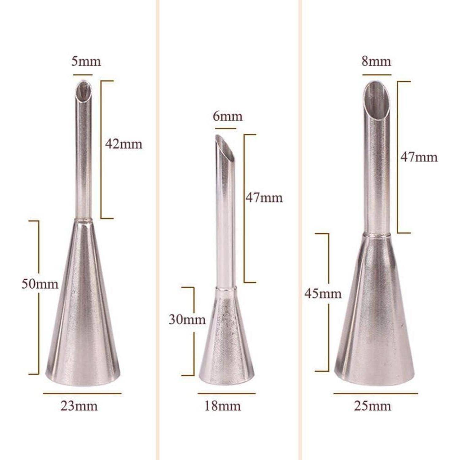 Vergleichsbild von drei Metall-Fräsbohrern mit gekennzeichneten Größen: 5-mm-Bohrer, 6-mm-Bohrer und 8-mm-Bohrer, die ihre Längen und Schaftbreiten in Millimetern zeigen.