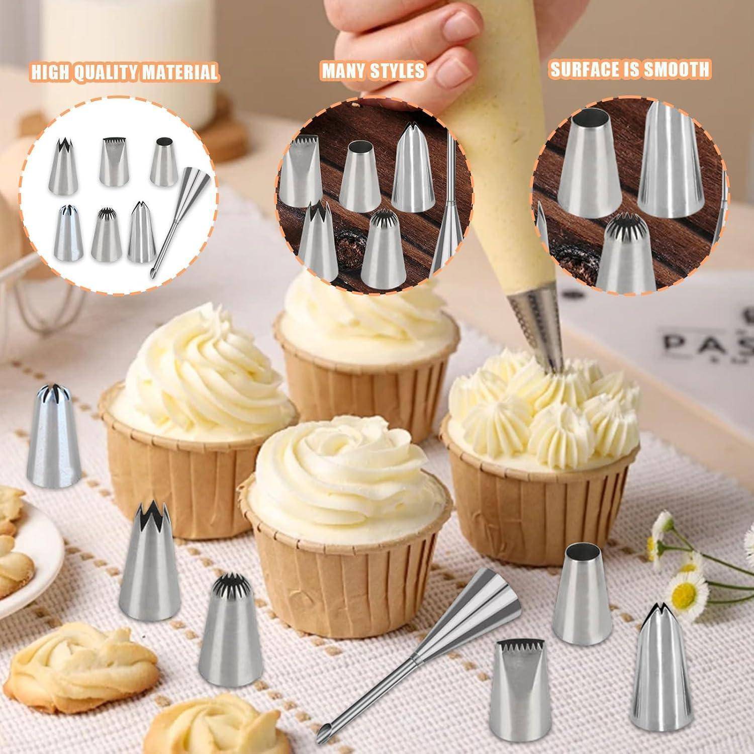 Werbebild von Metallspritztüllen zum Dekorieren von Cupcakes mit Buttercreme, das mehrere Tüllenformen zeigt und die Aussagen „HOCHWERTIGE MATERIALQUALITÄT