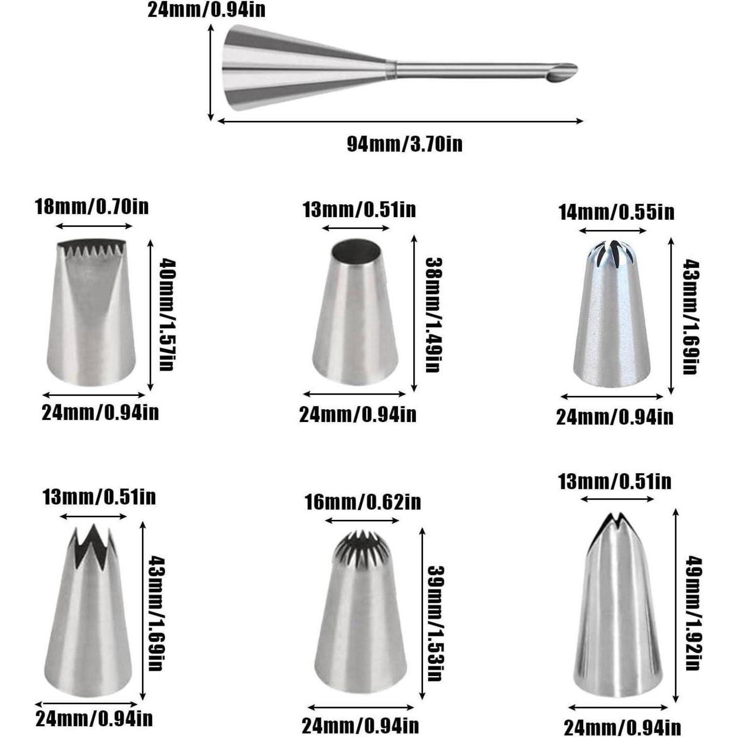 Diagramm von sechs Metallspritzendüsen mit beschrifteten Abmessungen in Millimetern und Zoll, die jede Düsenform und -größe zum Dekorieren von Kuchen zeigen.