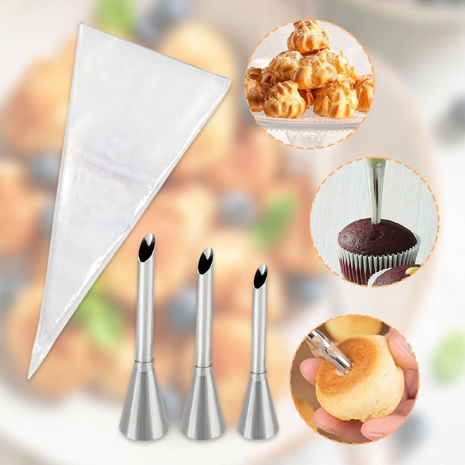 Gebäckdekorationssatz mit Spritzbeutel und drei Zuckergussdüsen, plus Detailansichten zum Verzieren von Windbeuteln, Cupcake-Glasur und zum Füllen eines Brötchens.