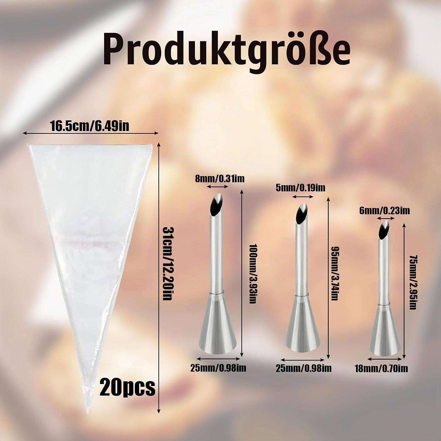 Größendiagramm für Produkt, das 20 durchsichtige Spritzbeutel und 3 Metalldekorationsspitzen mit Abmessungen in cm und Zoll zeigt.