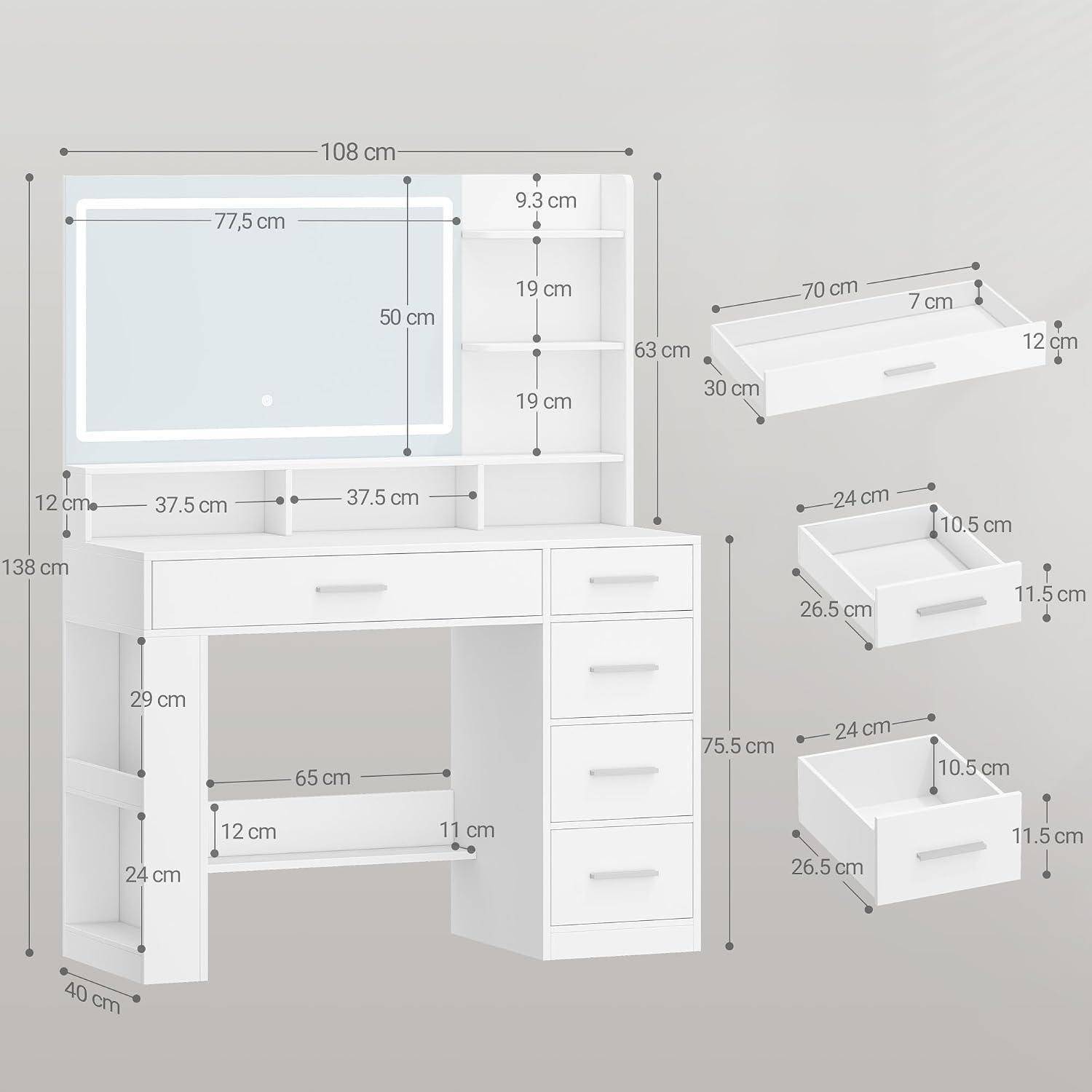 Weißer Schminktisch mit Spiegel und Schubladen, mit Maßen für den Tisch, die Obervitrine und die Aufbewahrungsbehälter in Zentimetern angegeben.