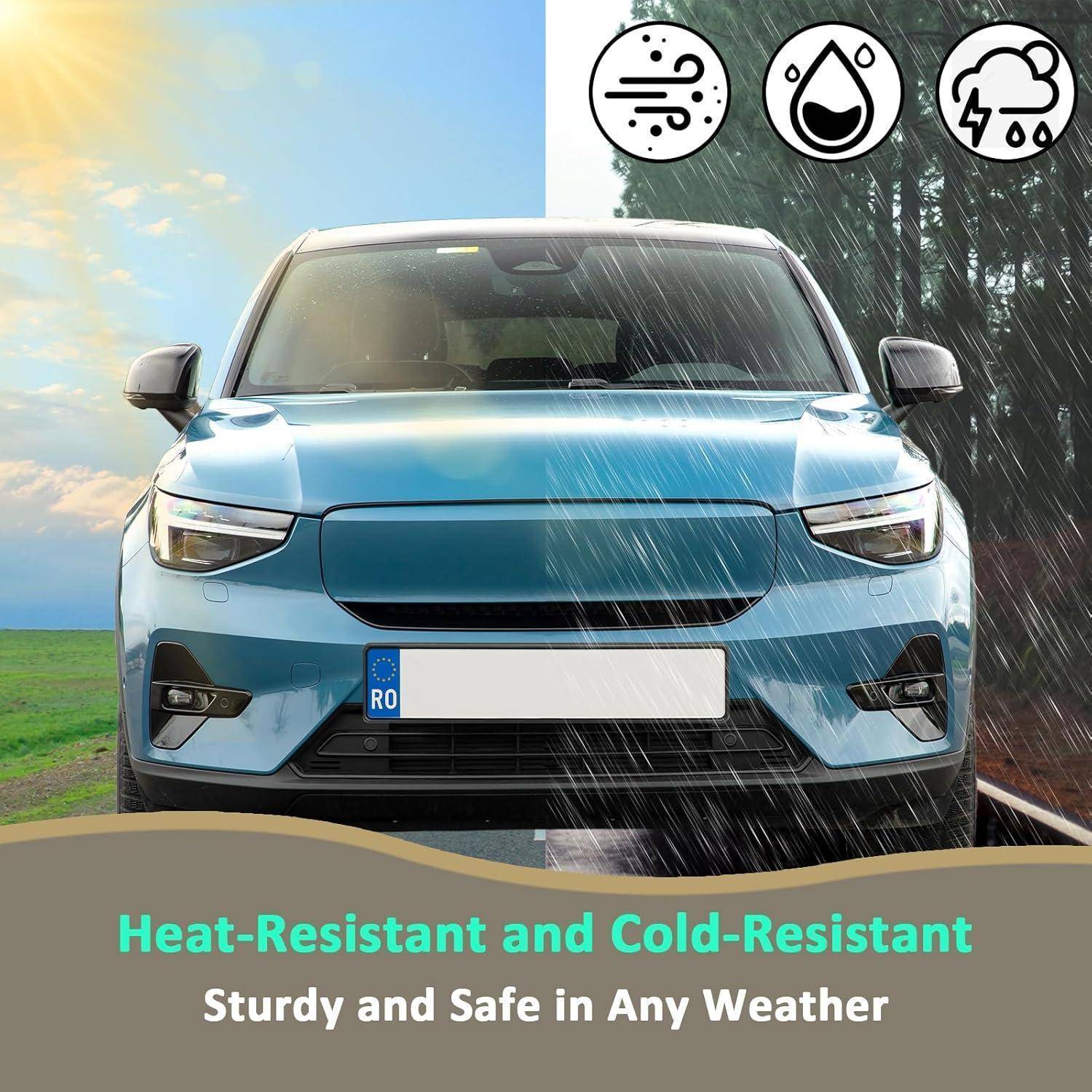 Vorderansicht eines blauen SUV, aufgeteilt zwischen sonnigem klarem Wetter und starkem Regen, mit Symbolen für Wind, Wasser und Stürme; Text besagt „Hitzebeständig und Kältebeständig
