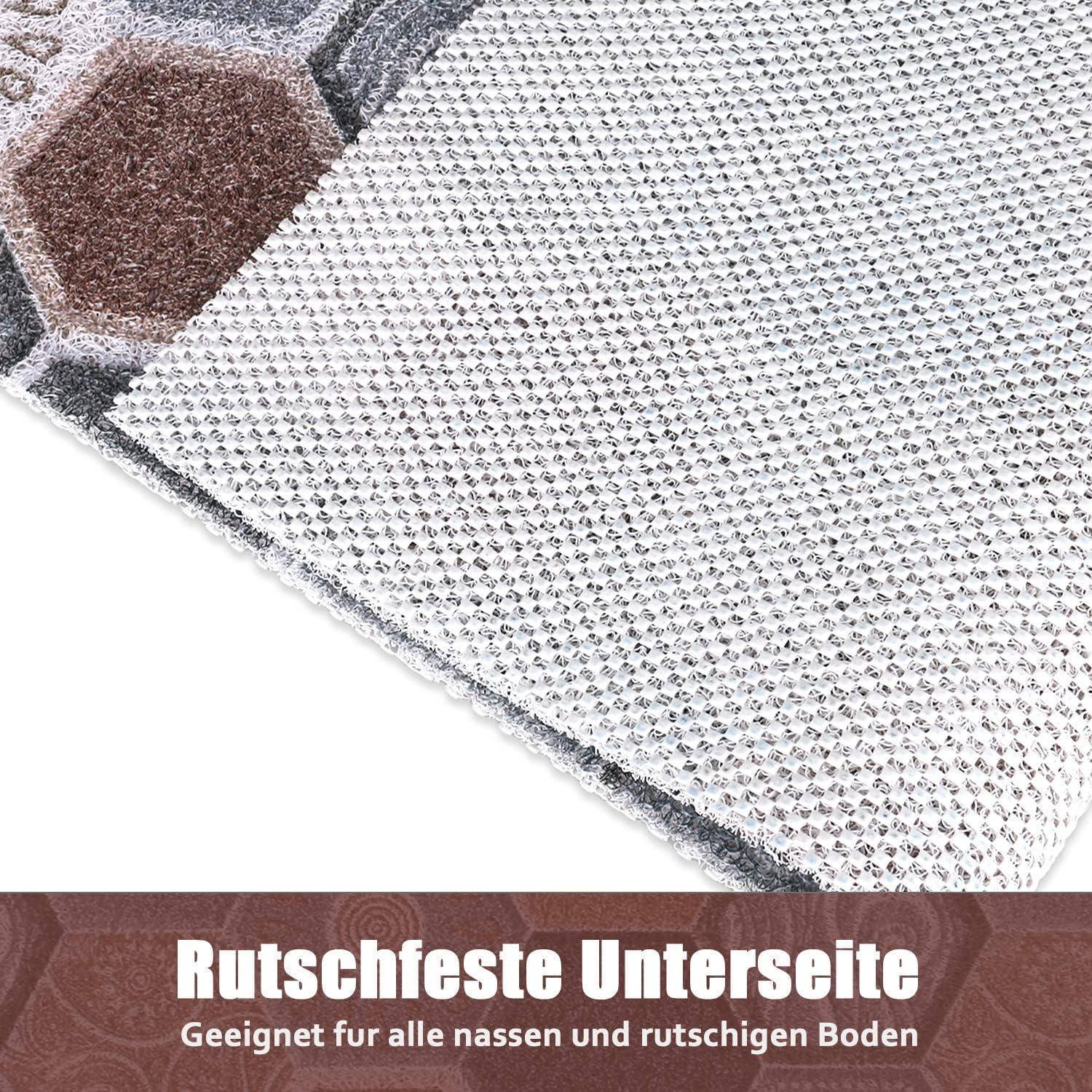 Nahaufnahme einer strukturierten rutschfesten Matte mit braunem Eckenmuster; der Text lautet „Rutschfeste Unterseite