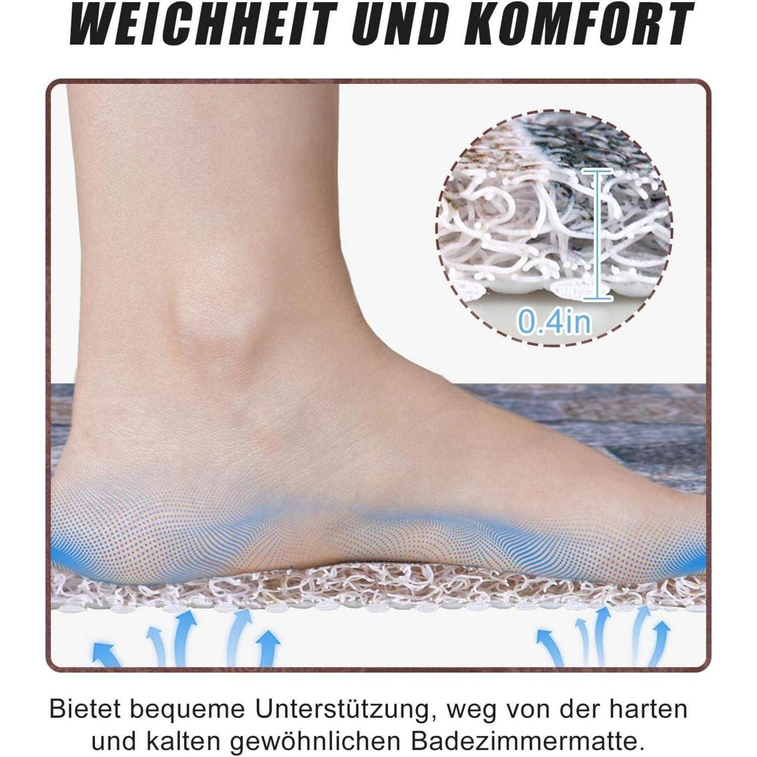 Fuß auf gepolsterter Matte mit weicher Unterstützung und Komfort, mit eingefügter Nahaufnahme mit der Kennzeichnung „0,4 Zoll