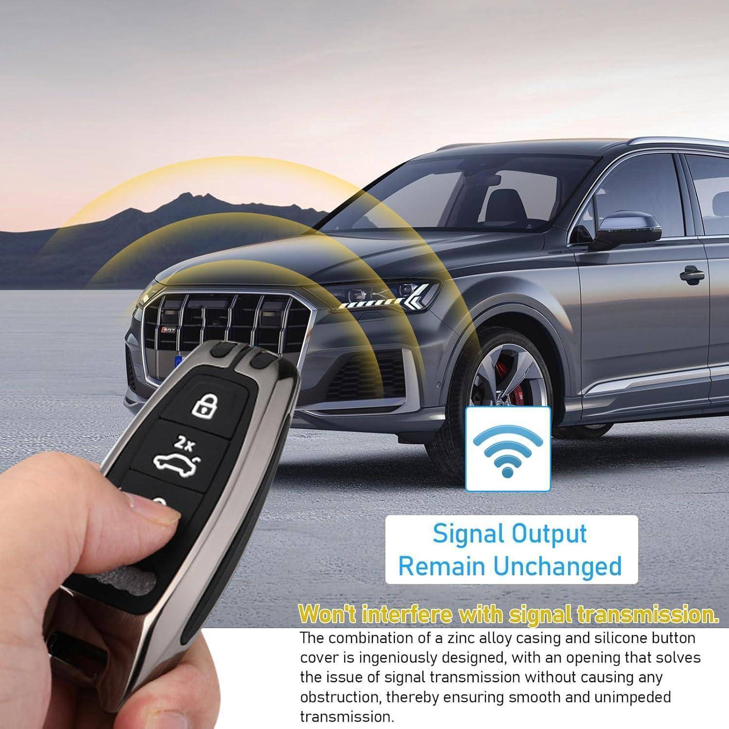 Autoschlüssel mit drahtlosem Signalsymbol, das auf einen SUV zeigt, und ein signalblockierendes Schlüsseletui veranschaulicht, das die Übertragung nicht beeinträchtigt.
