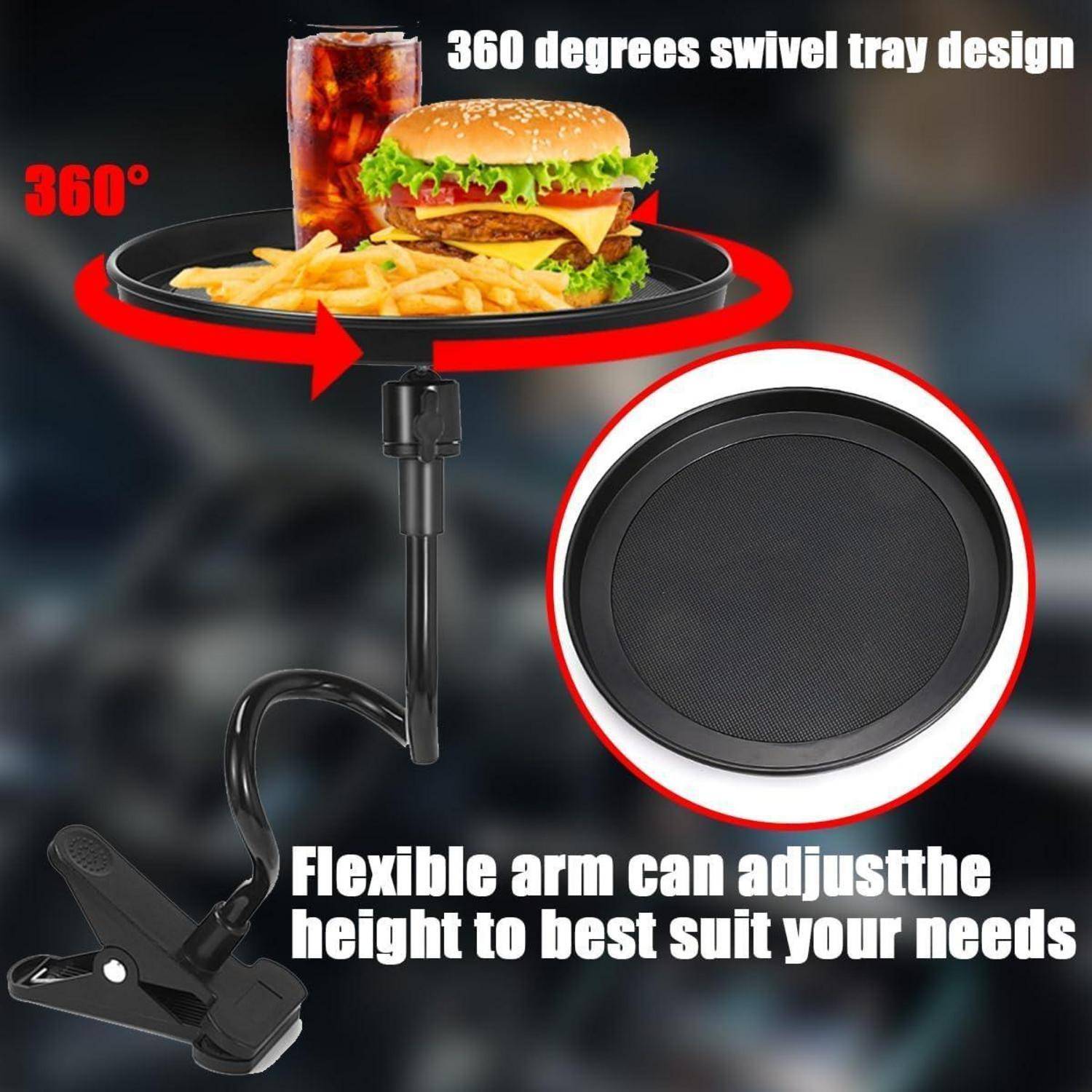 Verstellbares Auto-Tablett mit flexiblem Clip-Arm und 360-Grad-drehbarer Oberseite, dargestellt beim Halten eines Burgers, Pommes und eines Getränks; Text besagt, dass es die Höhe an die Anforderungen anpasst.
