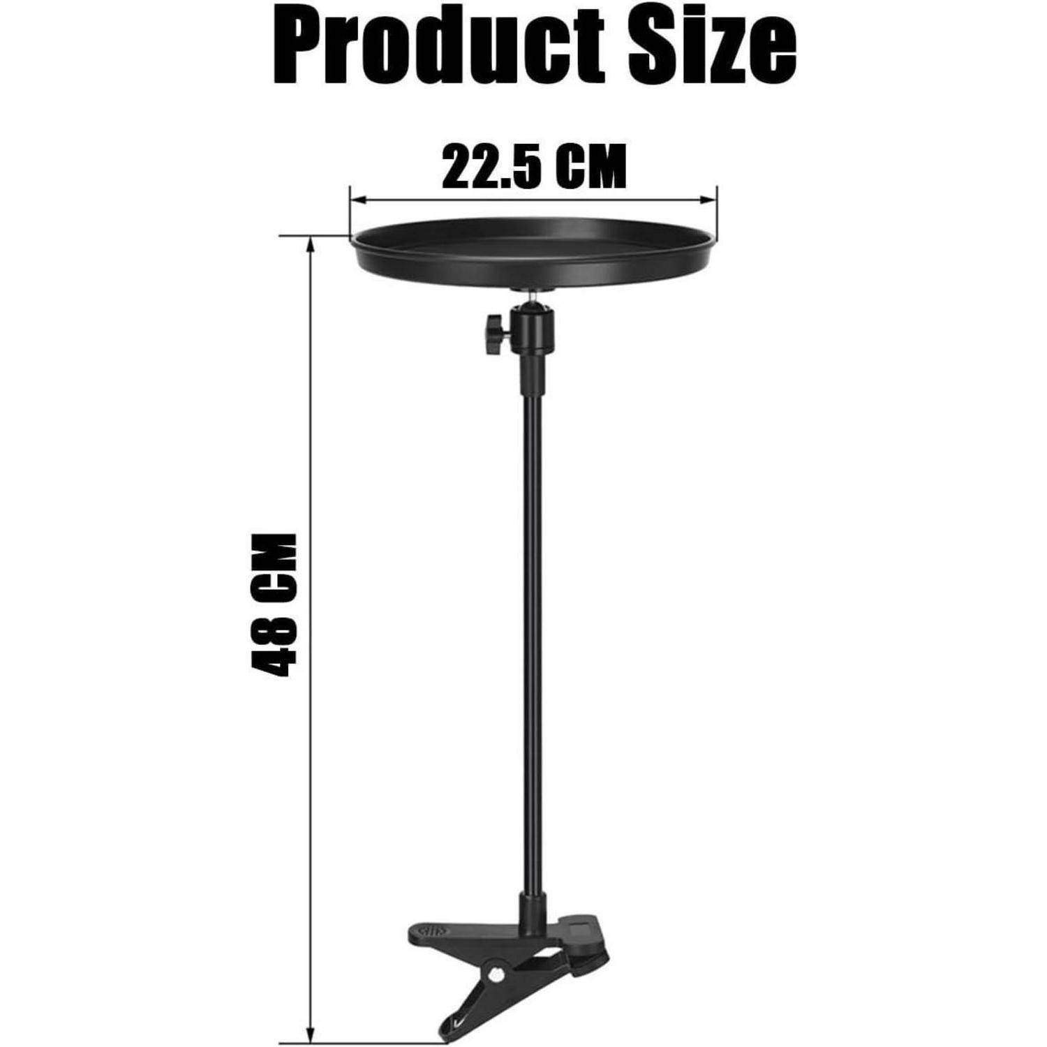 Produktgrößen-Diagramm eines schwarzen verstellbaren Ständers mit Tablett, das eine Breite von 22,5 cm und eine Höhe von 48 cm zeigt.