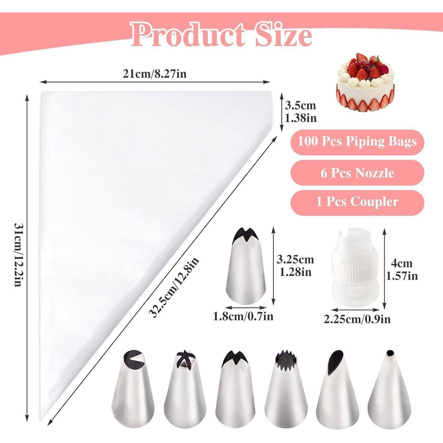 Produktgrößen-Diagramm für ein Spritzbeutel-Set: Beutel misst 31 cm mal 21 cm mit einer Diagonale von 32,5 cm, enthält 100 Spritzbeutel, 6 Düsen und 1 Adapter.