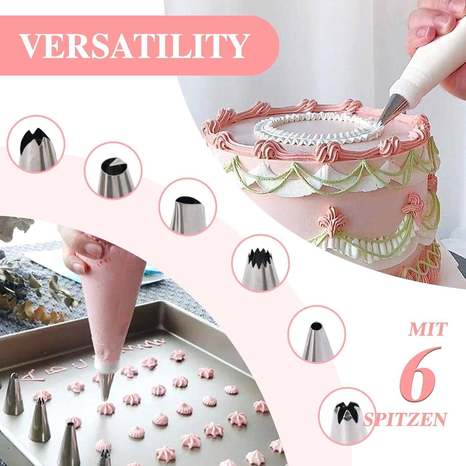 Werbebild eines Spritzbeutels, der Kuchen dekoriert, zeigt sechs austauschbare Gebäckspitzen und das Wort 'VIELSEITIGKEIT' mit 'MIT 6 SPITZEN'.