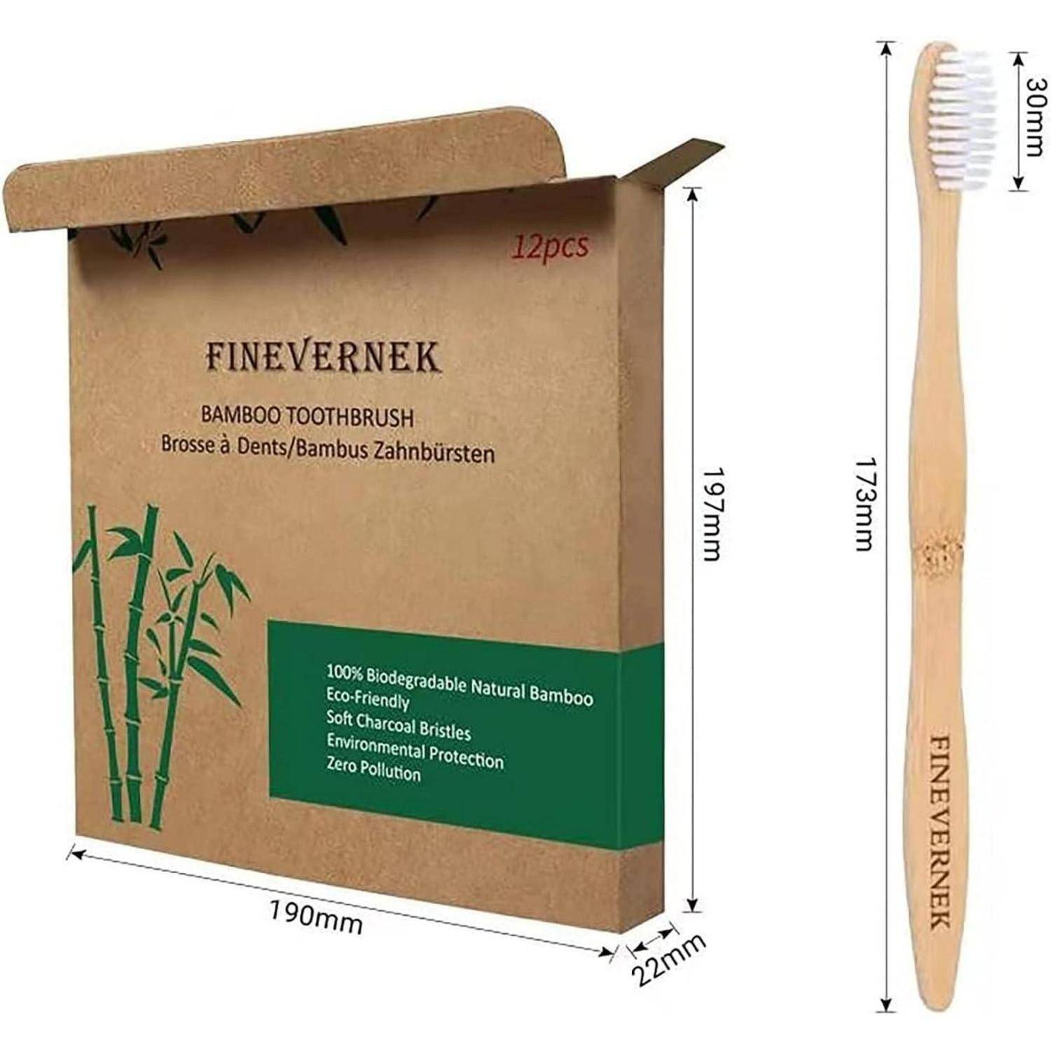 Produktbild einer 12er-Packung FINEVERNEK Bambus-Zahnbürsten-Set, das umweltfreundliche Verpackung und eine Zahnbürste mit beschrifteten Maßen zeigt.