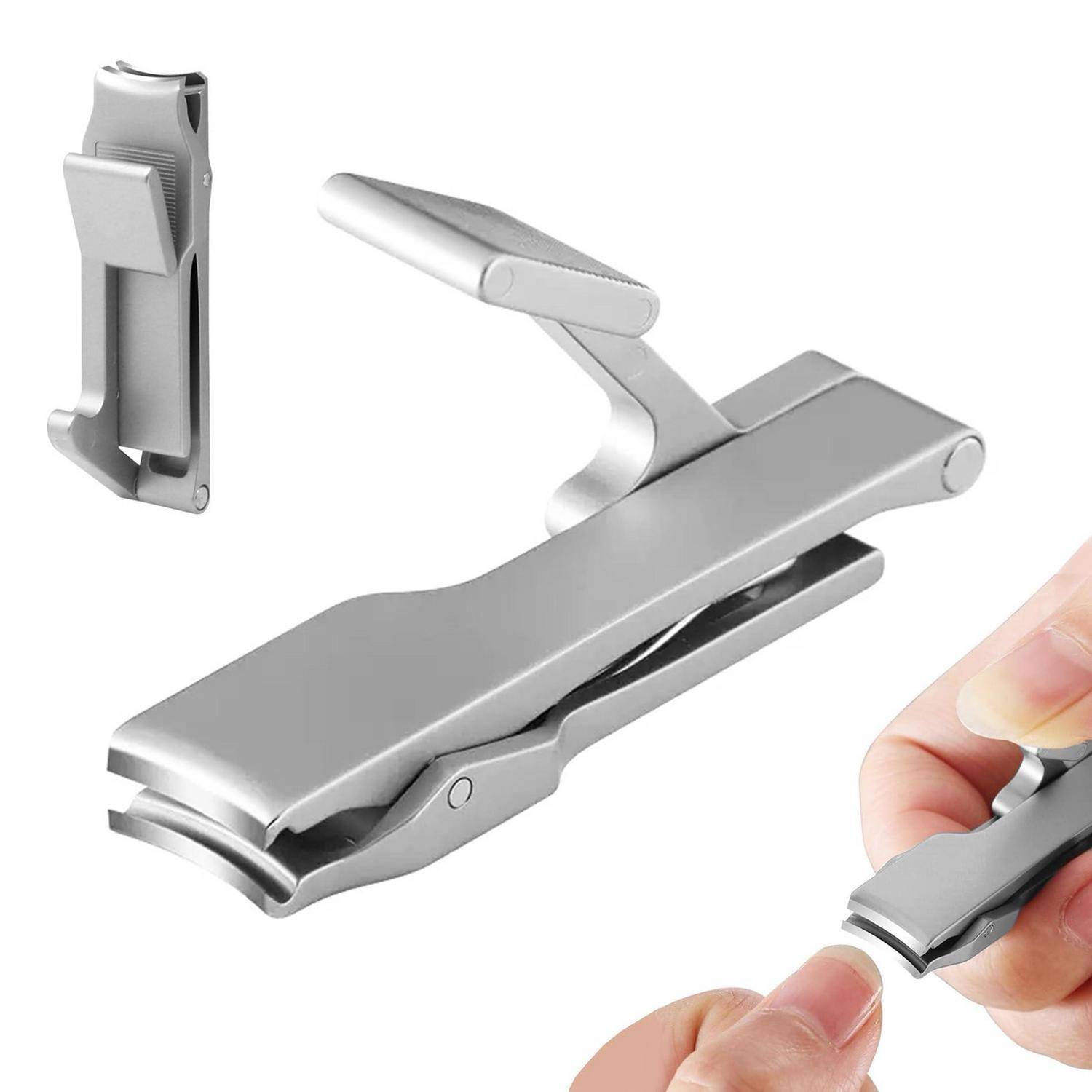 Silberne Nagelschere mit geöffnetem Hebel, gezeigt mit kleinen Detailansichten und einer Hand, die einen Fingernagel schneidet.