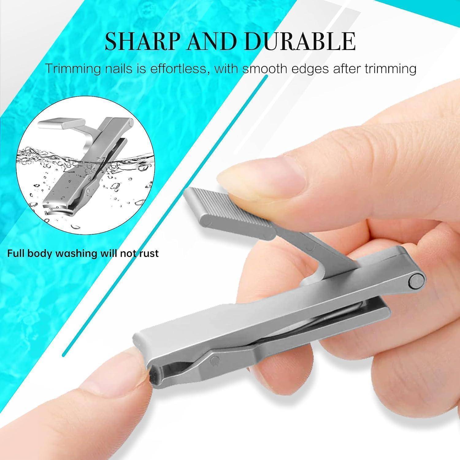 Produktanzeige mit einem Nagelknipser aus Edelstahl in Verwendung, mit dem Text „SCHARF UND LANGLEBIG