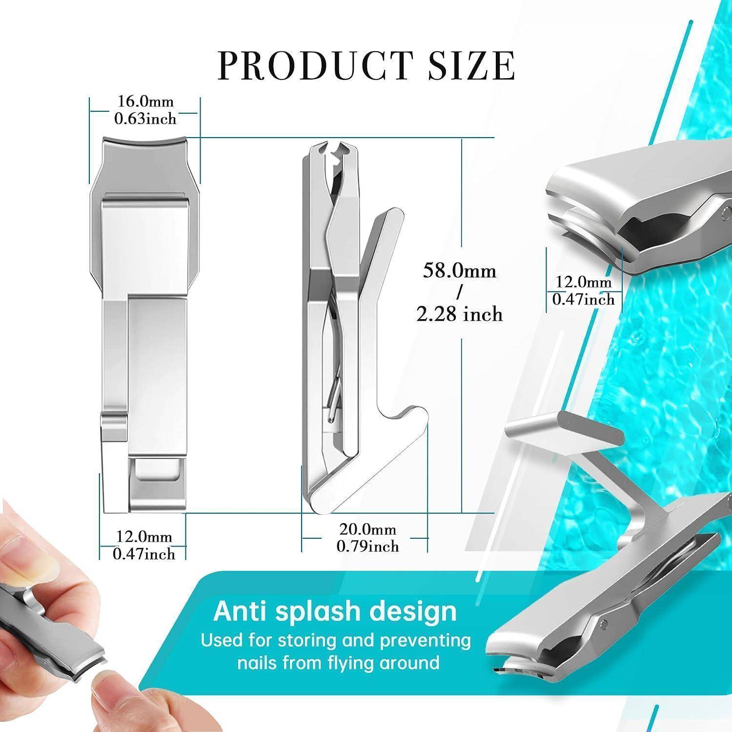 Produktgrößendiagramm einer Metallnagelschere mit Abmessungen von 58,0 mm x 20,0 mm, mit 16,0 mm und 12,0 mm Teilen und Text „Anti-Spritzer-Design
