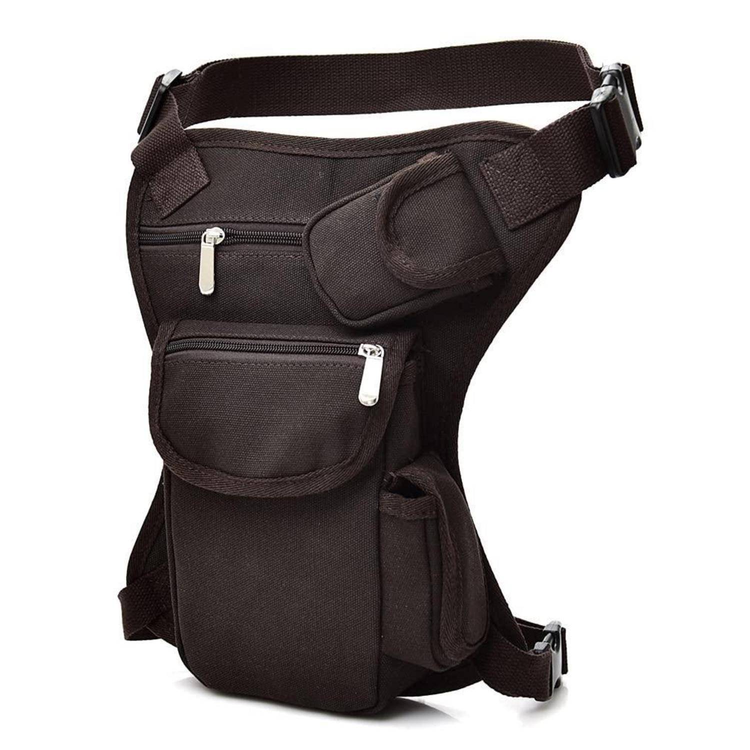 Schwarze taktische Oberschenkeltasche mit verstellbaren Riemen und mehreren Reißverschlusstaschen, isoliert auf weißem Hintergrund gezeigt.