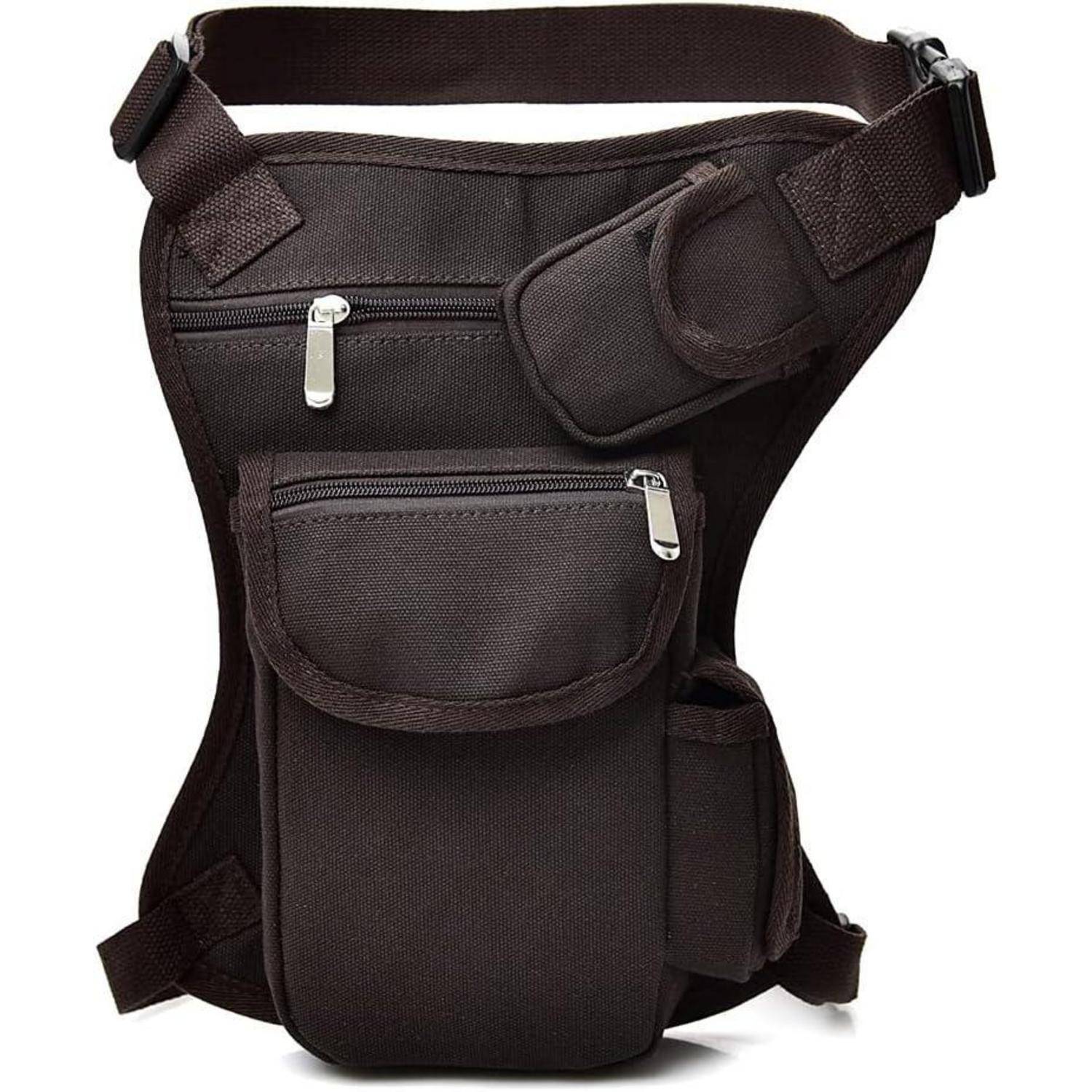 Schwarze taktische Oberschenkeltasche mit verstellbarem Hüftgurt, mehreren Reißverschlusstaschen und Beingurt für sicheren Tragekomfort.