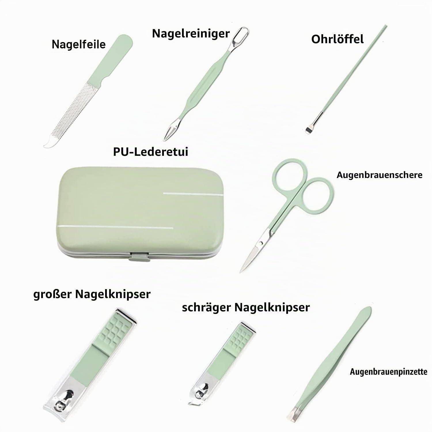 Maniküre- und Pflegeset mit deutscher Beschriftung, zeigt Nagelfeile, Nagelhautreiniger, Ohrreiniger, Augenbrauenschere, Pinzette, zwei Nagelknipser und ein Etui aus PU-Leder.