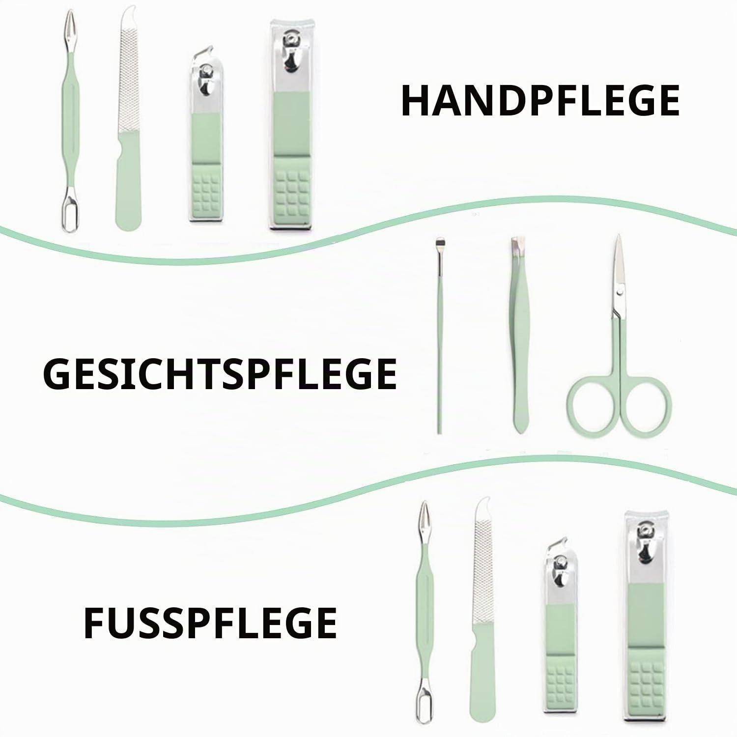 Deutsches Nagelpflege-Werkzeugsortiment, organisiert nach Kategorie: 'HANDPFLEGE', 'GESICHTSPFLEGE' und 'FUSSPFLEGE', zeigt Nagelknipser, Feile, Pinzette, Schere und Nagelhautwerkzeuge auf weißem Hintergrund.