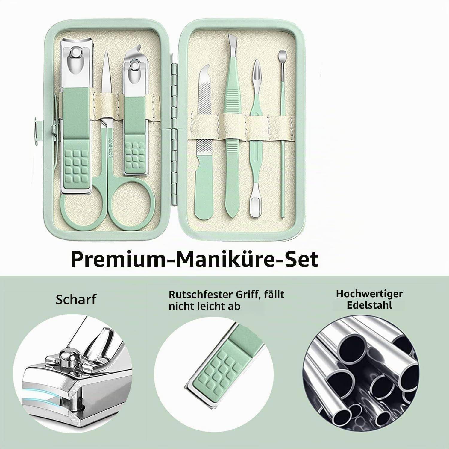Anzeige für ein "Premium-Maniküre-Set"" mit einem offenen mintgrünen Nagelpflege-Set, das Nagelknipser, Schere, Feile, Nagelhaut-Werkzeuge und Nahaufnahmen enthält, die scharfe Klingen, rutschfesten Griff und Edelstahl hervorheben.