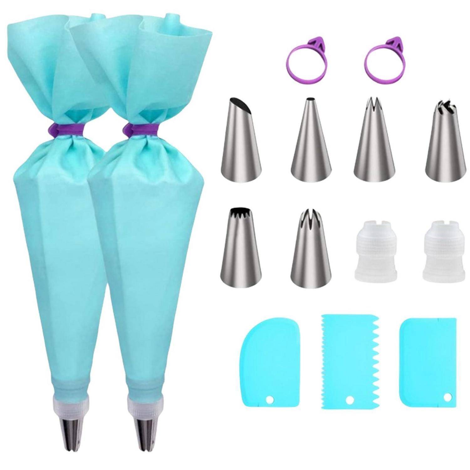 Kuchendekoration Spritzbeutel-Set mit zwei wiederverwendbaren blauen Spritzbeuteln, mehreren Metall-Zuckergussdüsen, Kupplungen und Kunststoff-Schabern/Spachteln.