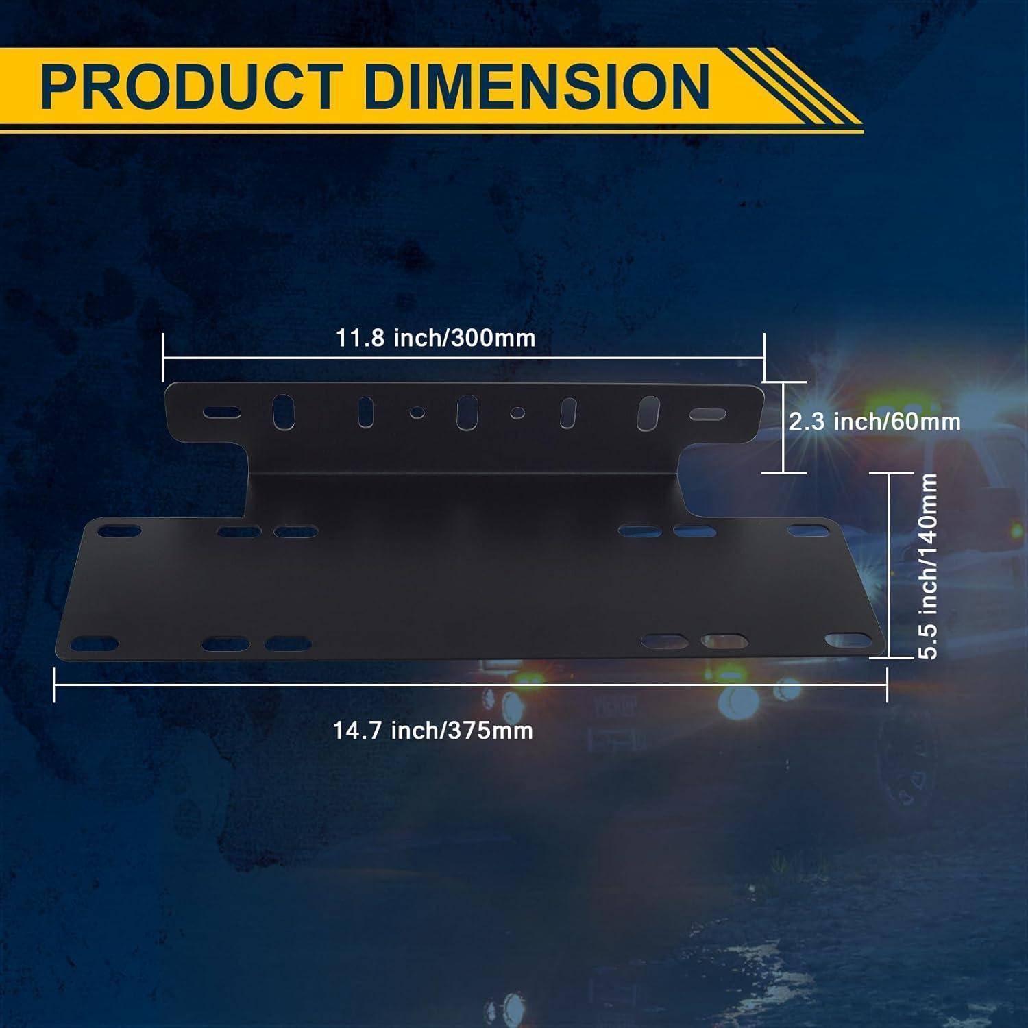 Produktabmessungsdiagramm einer Montageklammer: 14,7 Zoll/375 mm breit, 5,5 Zoll/140 mm hoch, mit einem 11,8 Zoll/300 mm oberen Abschnitt und 2,3 Zoll/60 mm Höhe.