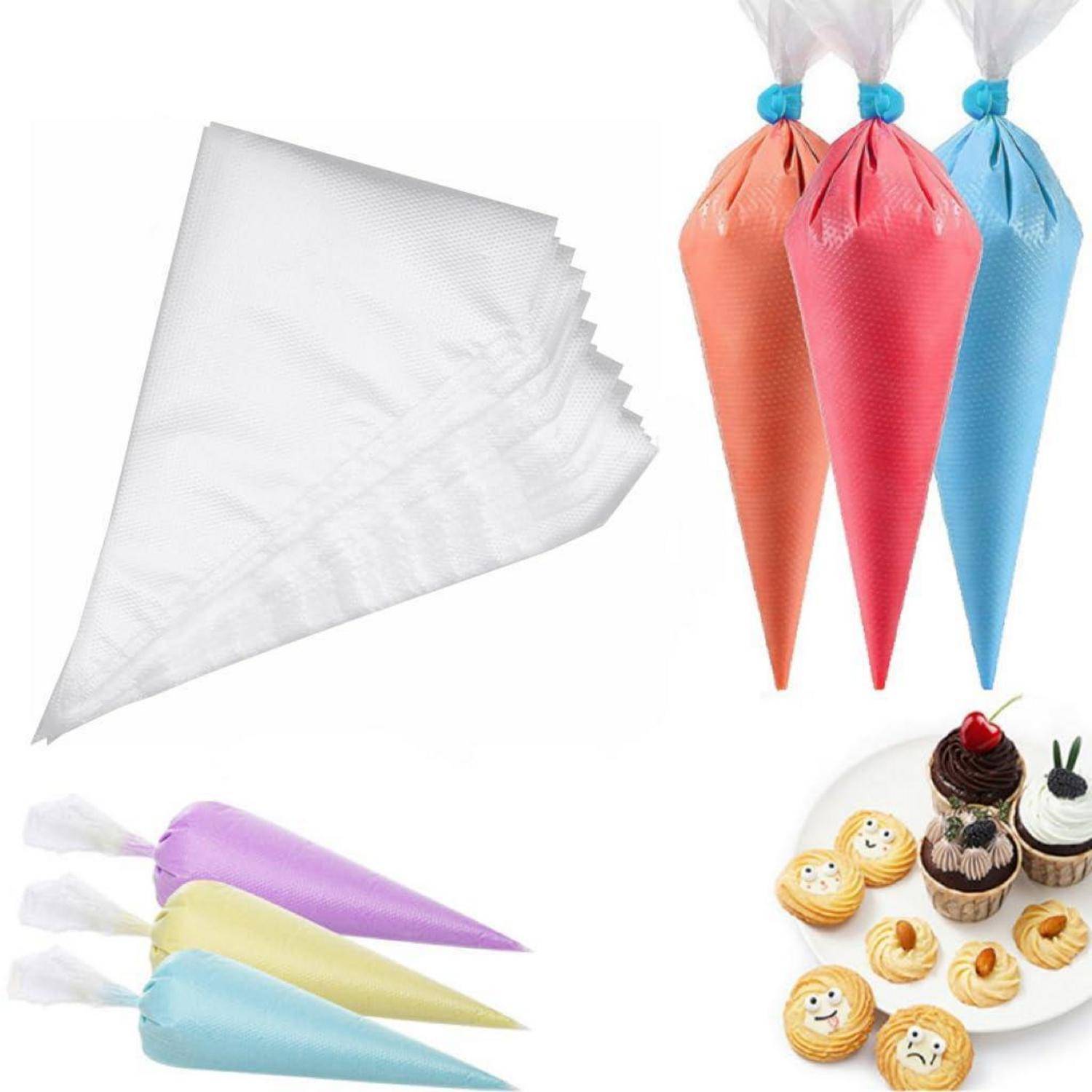 Sortierte, wegwerfbare Gebäckspritzbeutel in weiß, Pastelltönen und durchsichtigen Versionen, gezeigt mit gesprizten Cupcakes zur Veranschaulichung der Dekorationsanwendung.