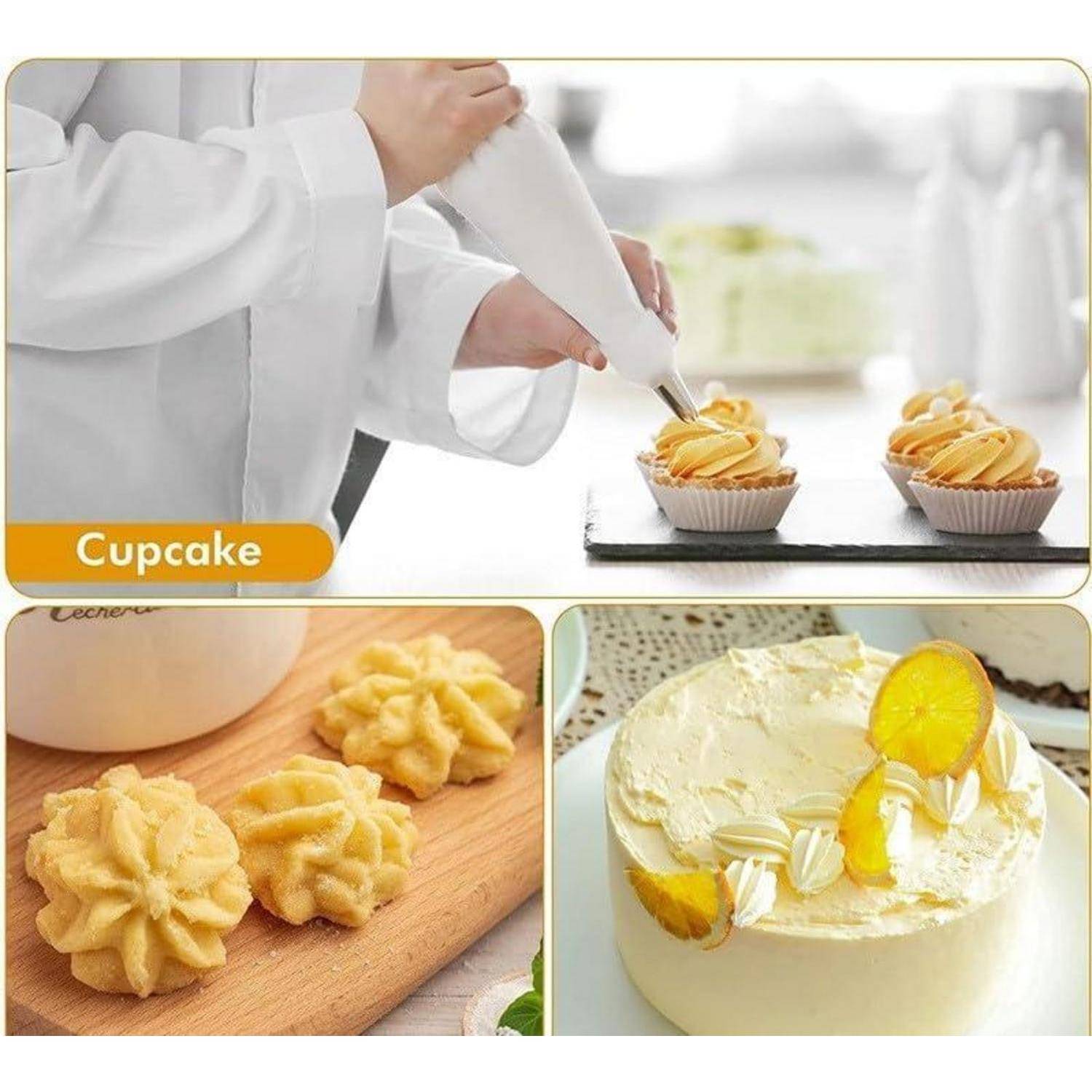 Konditor spritzt Zuckerguss auf Cupcakes, mit Nahaufnahmen von gespritzte Sahneblüten und einem dekorierten Kuchen mit der Aufschrift 