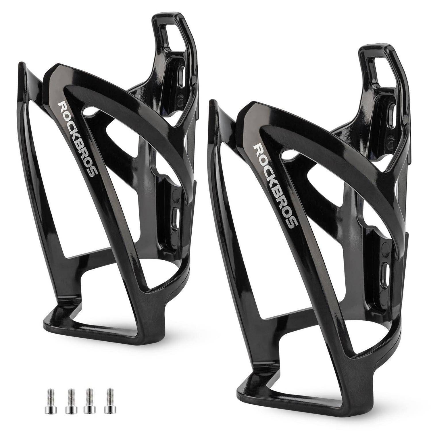 Paar schwarze ROCKBROS-Fahrrad-Flaschenhalter mit vier Befestigungsschrauben, gezeigt auf weißem Hintergrund.