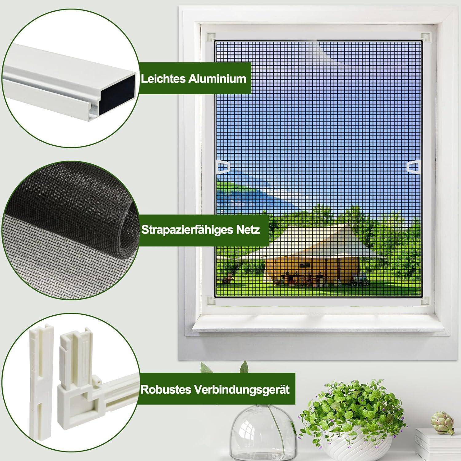 Illustration eines Fensterfliegennetzes mit drei Beschriftungen: „Leichtes Aluminium