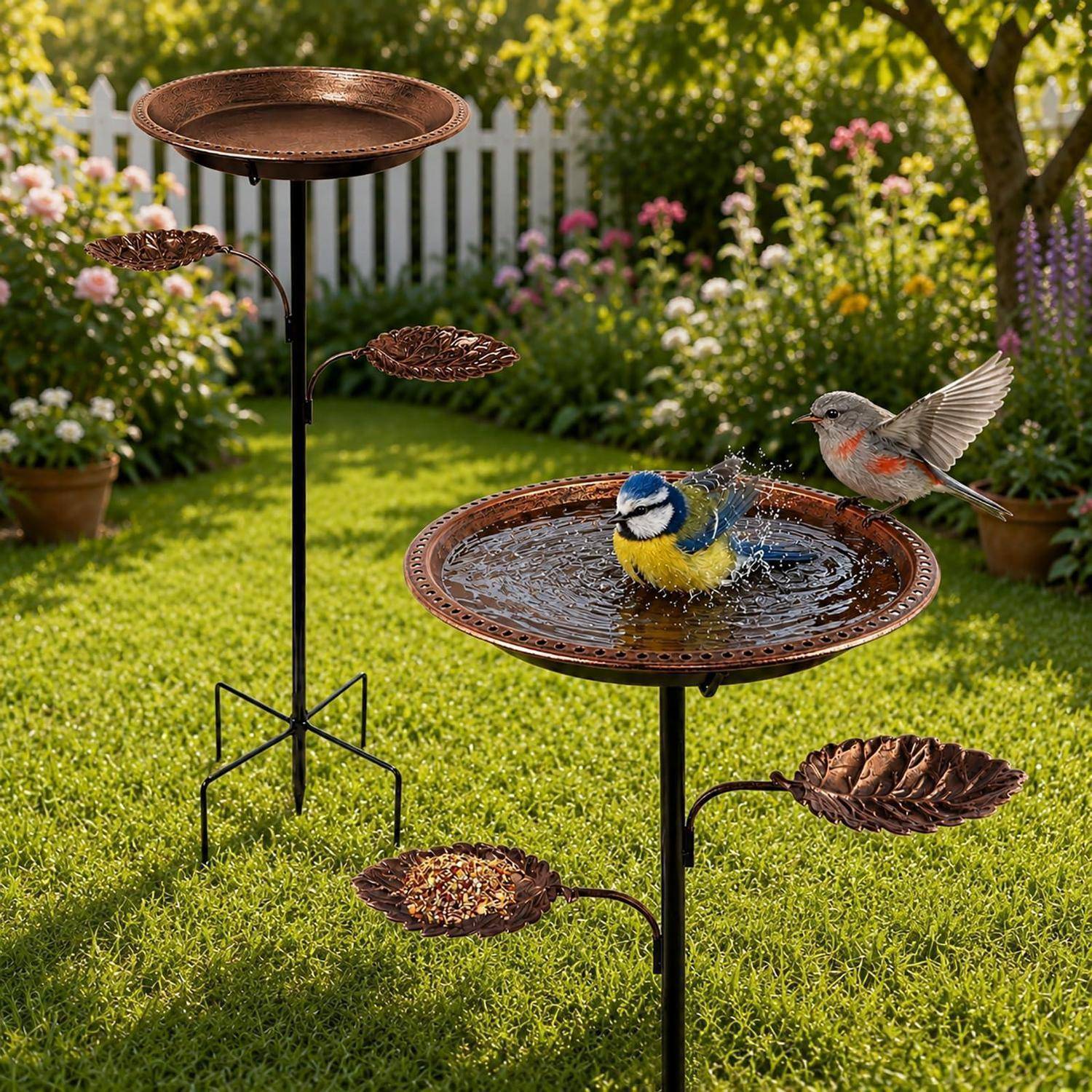 Zwei Vögel baden in einer metallenen Gartentränke, einer spritzt im Wasser und ein anderer sitzt in der Nähe auf einer Stange, in einem sonnigen Garten mit Blumen und einem weißen Zaun.
