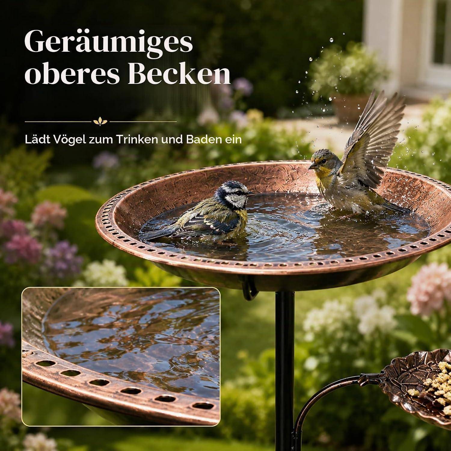 Zwei kleine Vögel baden und trinken in einem flachen Kupferbad auf einem schwarzen Ständer, mit deutschem Text, der lautet „Geräumiges oberes Becken