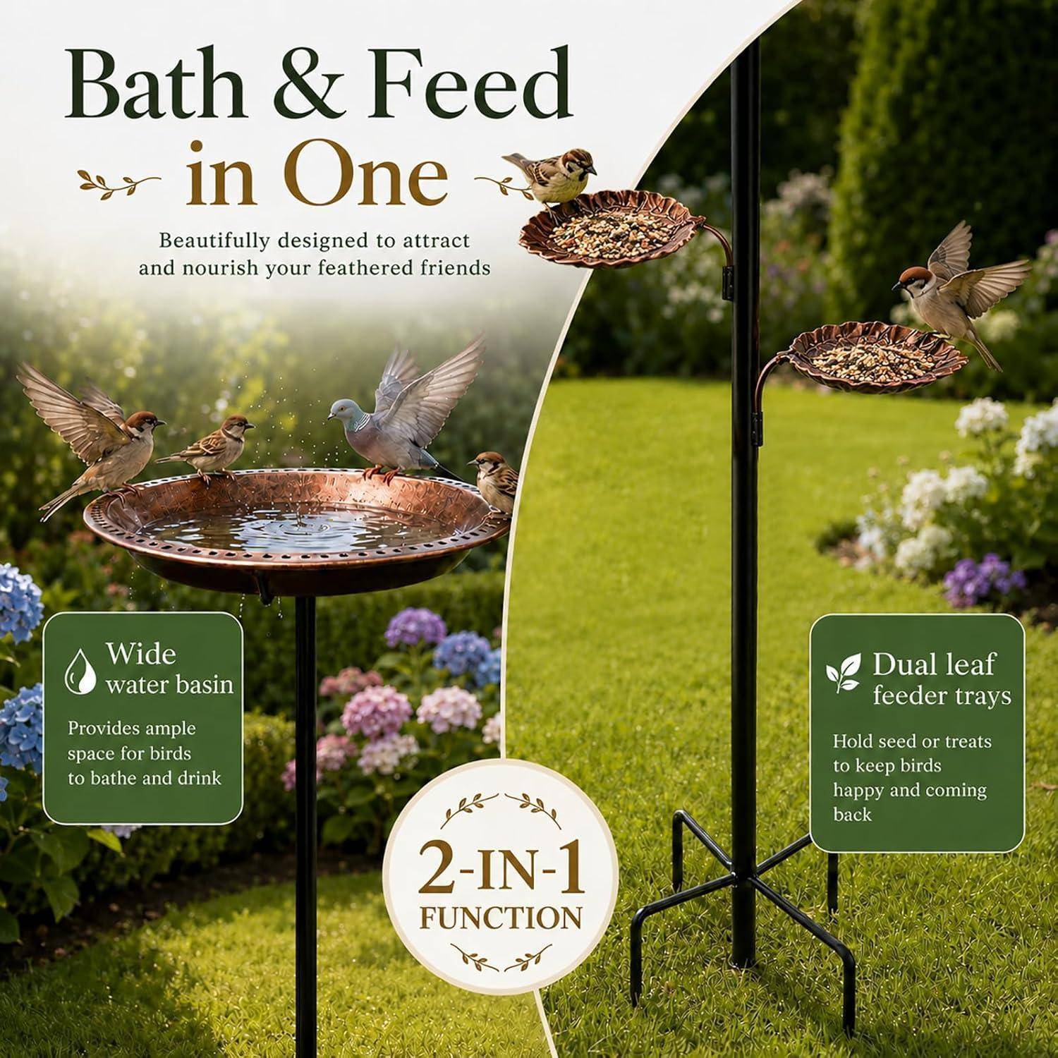 Produkt-Anzeige für einen 2-in-1-Vogeltränk- und Futterständer mit der Bezeichnung „Bad & Futter in Einem