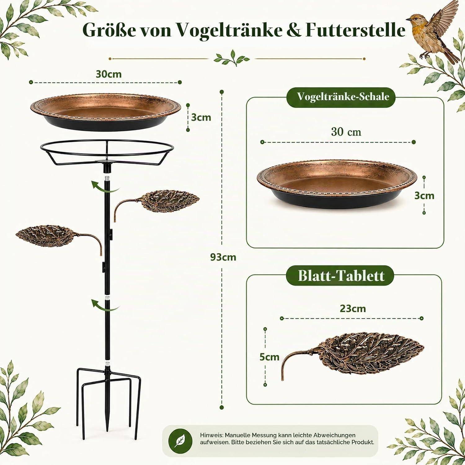 Deutsches Produktdiagramm für einen Vogelfütterungsständer mit Größen- und Teilangaben: 93 cm hoch mit einem 30 cm Tablett, 3 cm tiefe Schale und 23 cm blattförmiges Zubehör, beschriftet mit „Vogeltränke-Schale