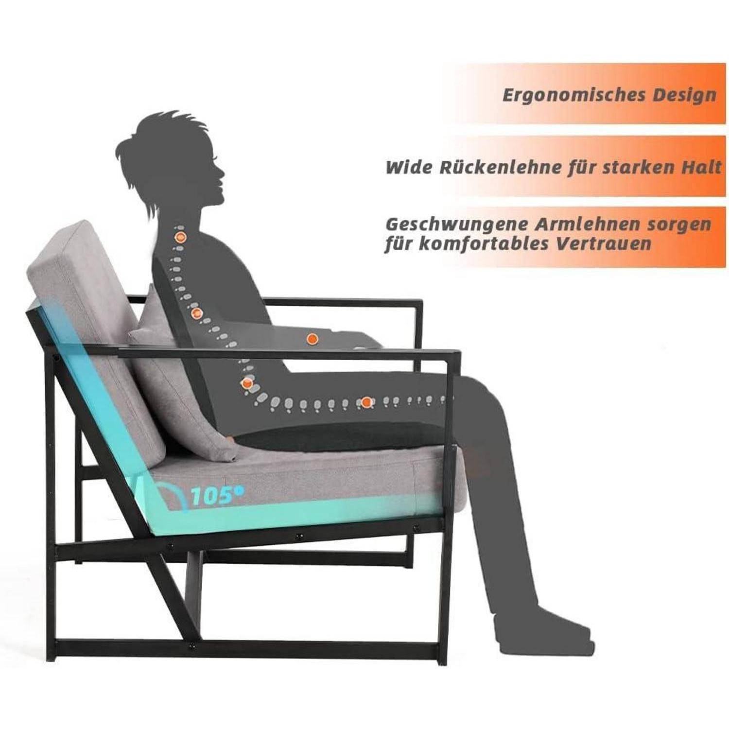 Abbildung eines ergonomischen Stuhls mit einer zurückgelehnten Personensilhouette, die einen Rückenwinkel von 105°, eine breite Rückenlehne und geschwungene Armlehnen hervorhebt.