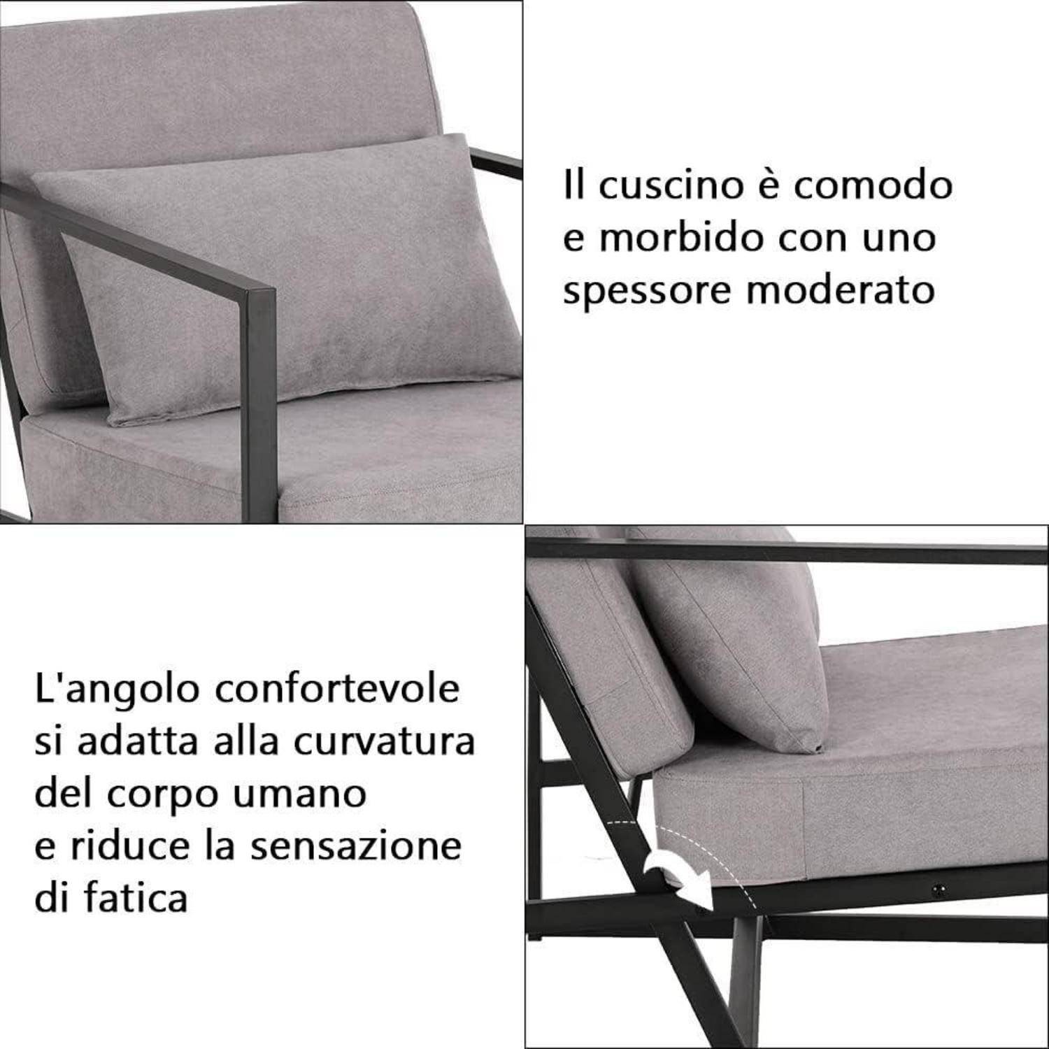 Werbebild eines grauen gepolsterten Stuhls mit italienischem Text, das ein bequemes, mitteldick gepolstertes Kissen und einen ergonomischen Winkel hervorhebt, der Ermüdung reduziert.