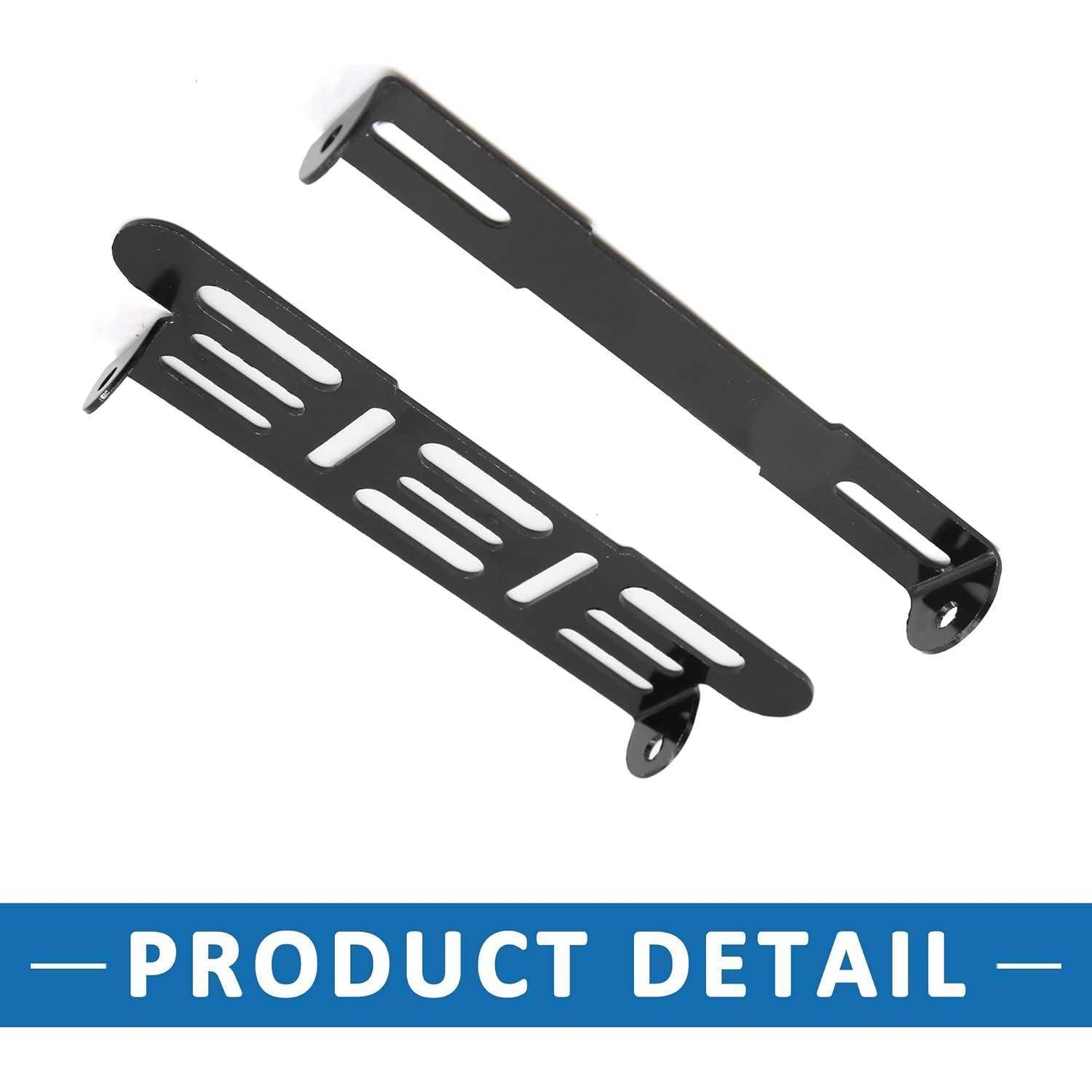 Produktdetailbild von zwei schwarzen Metall-Montageclips mit Schlitzen und Laschen, auf weißem Hintergrund dargestellt.