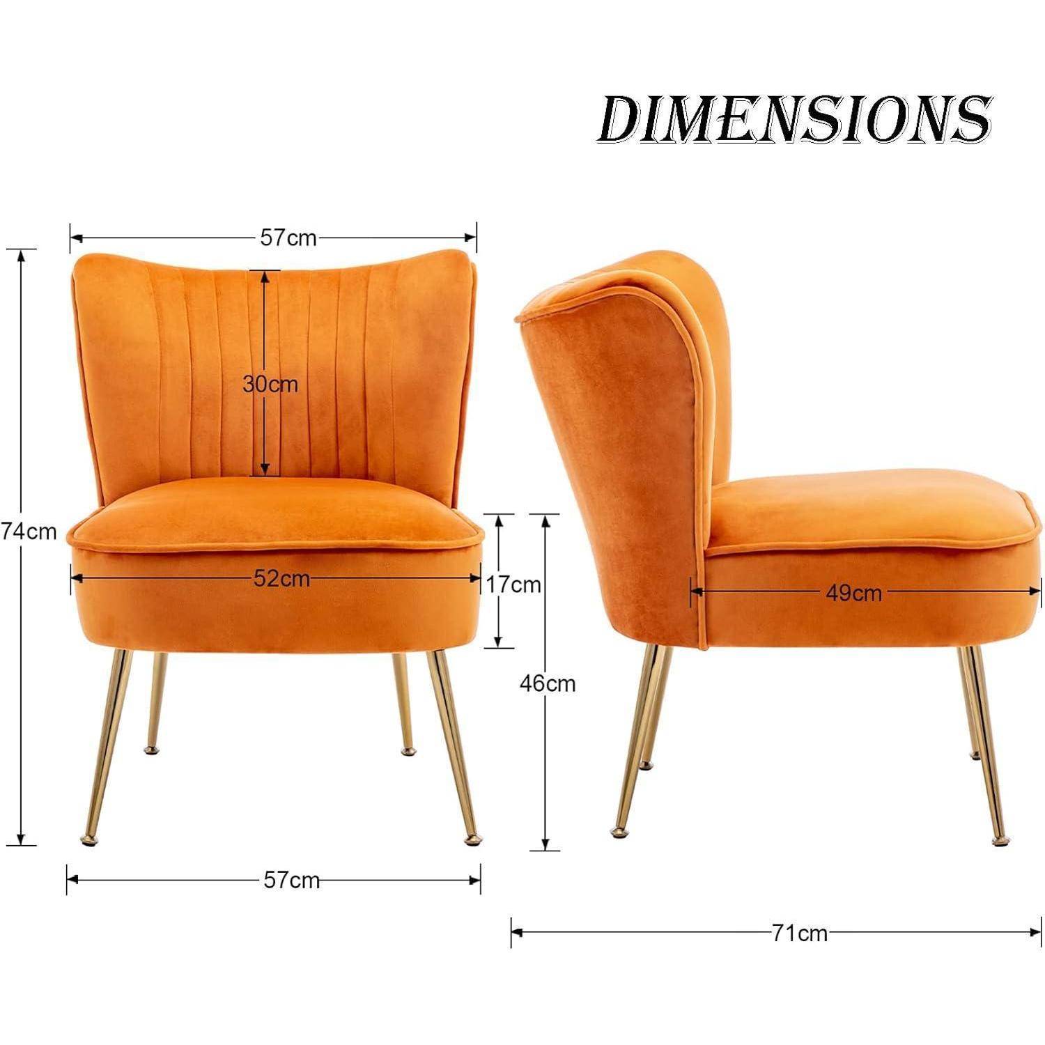 Maßdiagramm eines orange gepolsterten Stuhls mit Vorder- und Seitenansicht mit Abmessungen: 74 cm Höhe, 57 cm Breite, 71 cm Tiefe, 52 cm Sitzbreite, 49 cm Sitztiefe, 46 cm Sitzhöhe, 30 cm Rückenlehnen­höhe.