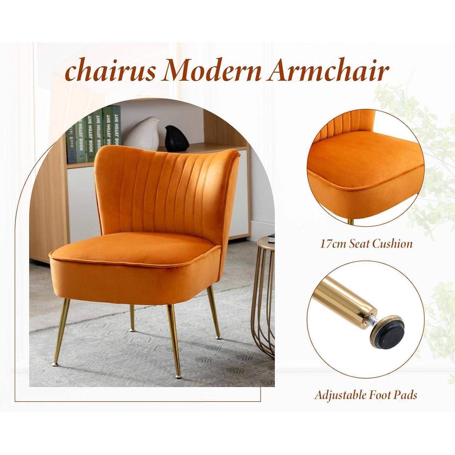 Orangefarbener gepolsterter moderner Sessel mit goldenen Beinen, gezeigt mit Nahaufnahmen des 17 cm Sitzkissens und verstellbarer Fußpolster.