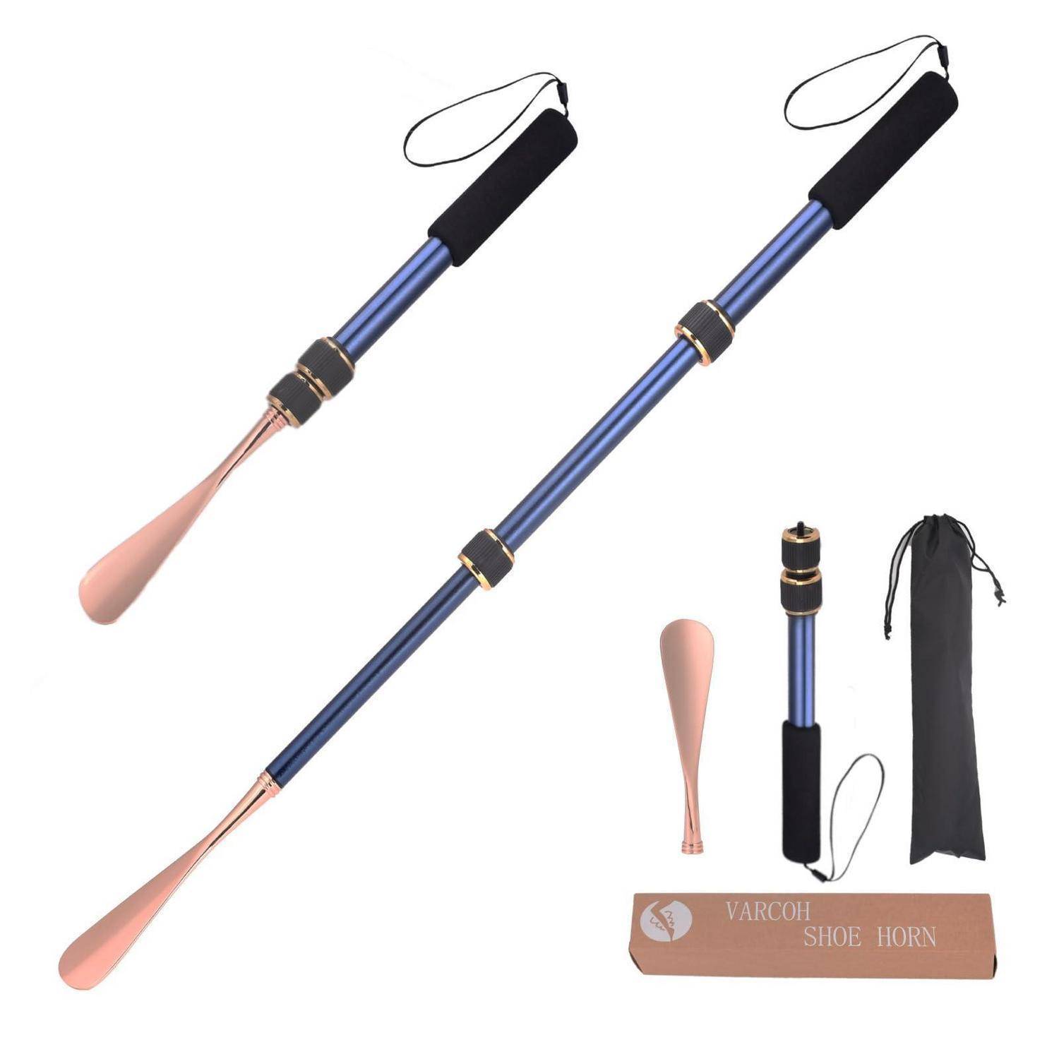 Blauer ausziehbarer Schuhlöffel mit rosa Griff und Spitze, gezeigt in ausgefahrenem und eingeklaptem Zustand mit Tragetasche und Schachtel.
