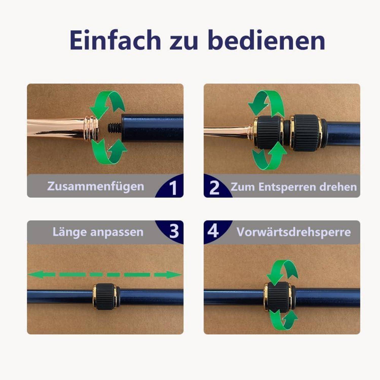 Anleitung zur Verwendung eines Stifts: Zusammenbau, Drehen zum Entsperren, Längeneinstellen und Aktivierung der Vorwärtsdrehsperre.