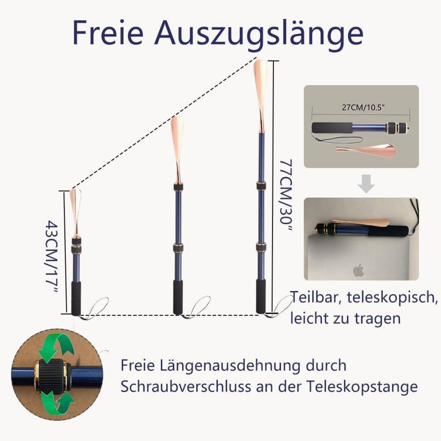 Diagramm eines Teleskopstabes mit freier Ausfahrlänge: 43 cm bis 77 cm, 27 cm zusammengeklappt, mit deutschen Etiketten über tragbar, verstellbare Länge.