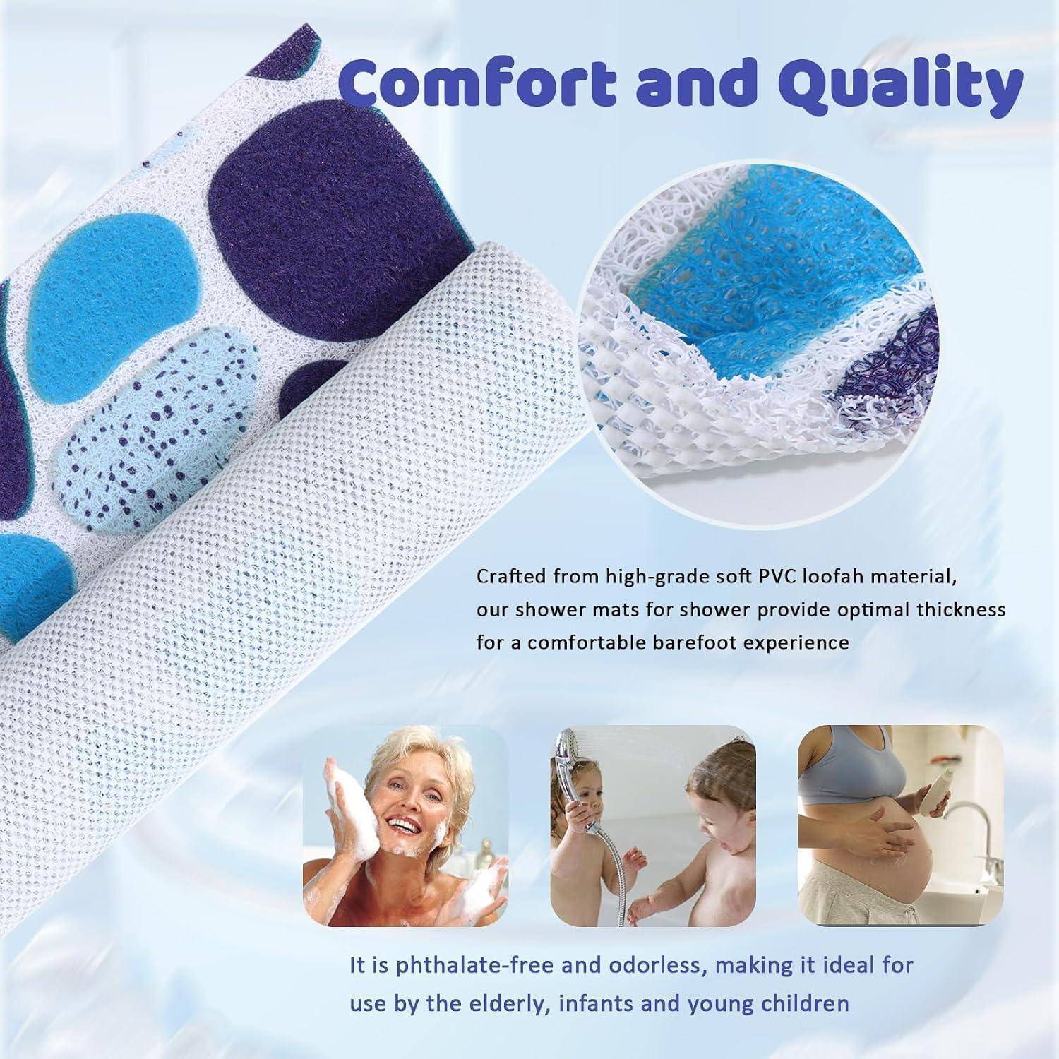 Werbebild einer weichen PVC-Duschmattte aus Luffa mit blauen und violetten strukturierten Kreisen, gekennzeichnet mit „Komfort und Qualität