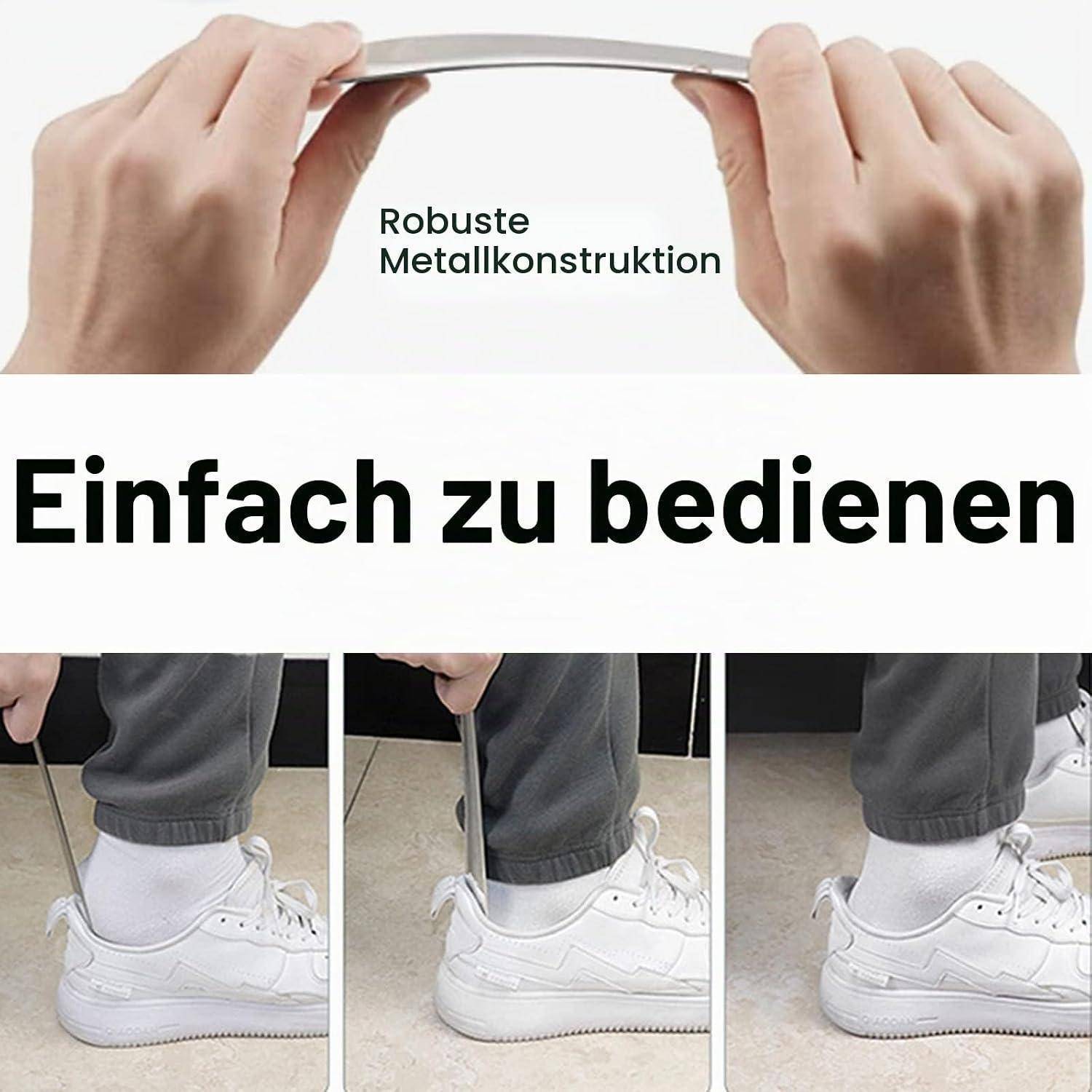 Infografik, die einen Schuhanzieher in Gebrauch zeigt, mit dem Text „Robuste Metallkonstruktion" und „Einfach zu bedienen"", die den mühelosen Schuhzugang illustriert.